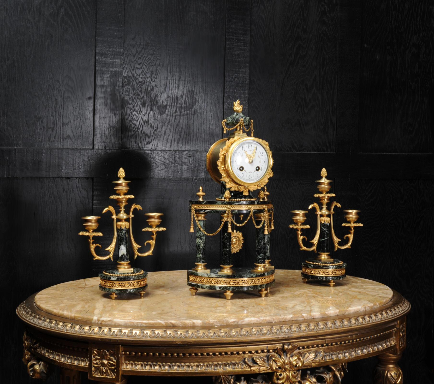Louis XVI Antique French Ormolu and Green Marble Portico Clock Set