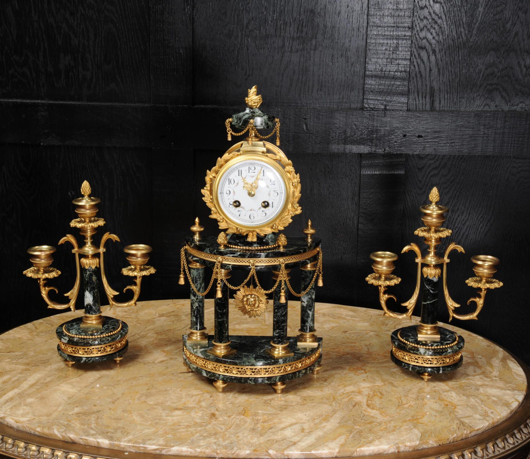 Antique French Ormolu and Green Marble Portico Clock Set In Good Condition In Belper, Derbyshire