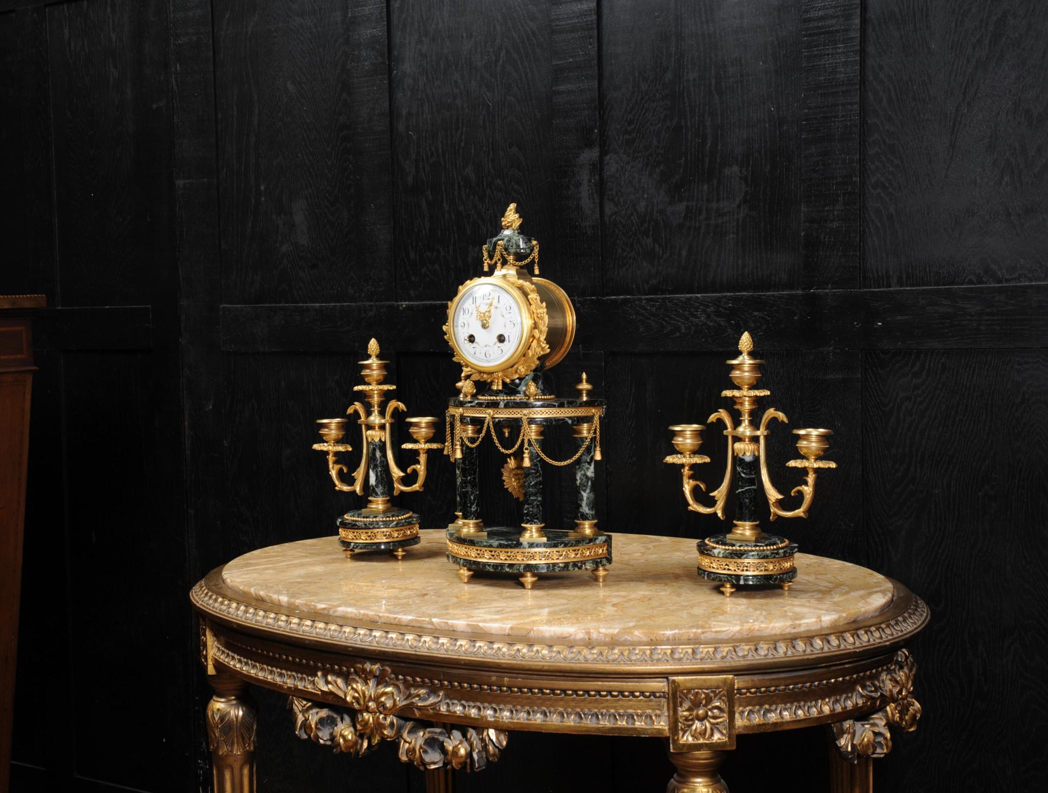 19th Century Antique French Ormolu and Green Marble Portico Clock Set