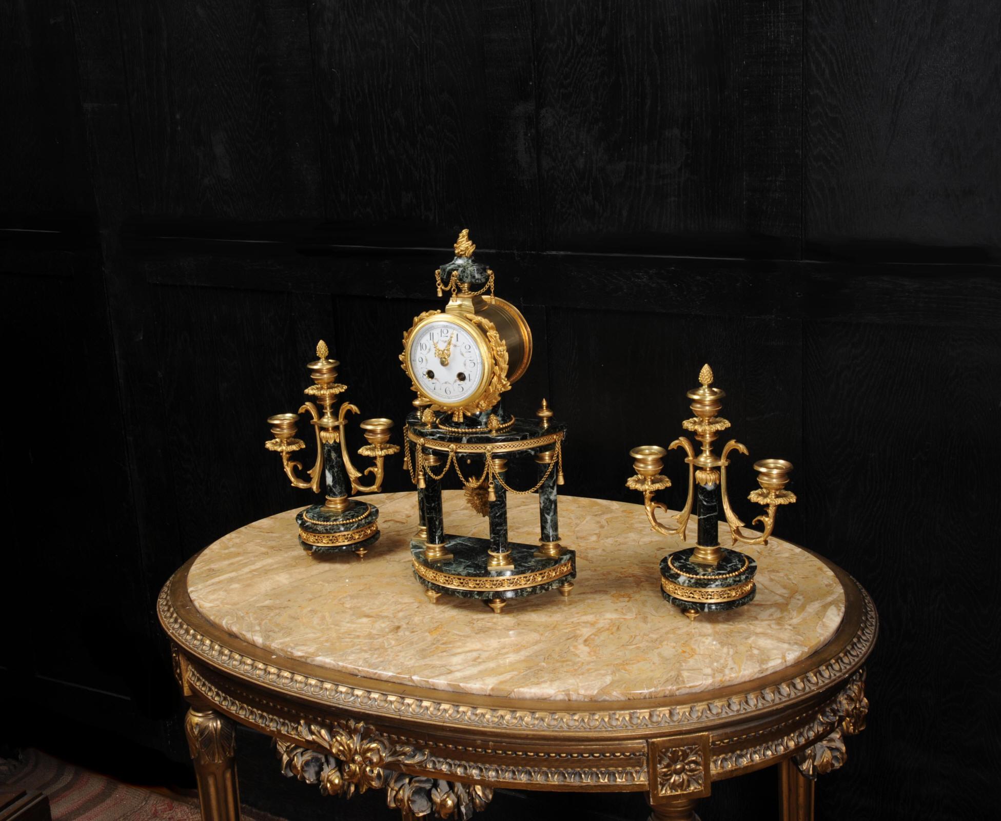 Antique French Ormolu and Green Marble Portico Clock Set 2