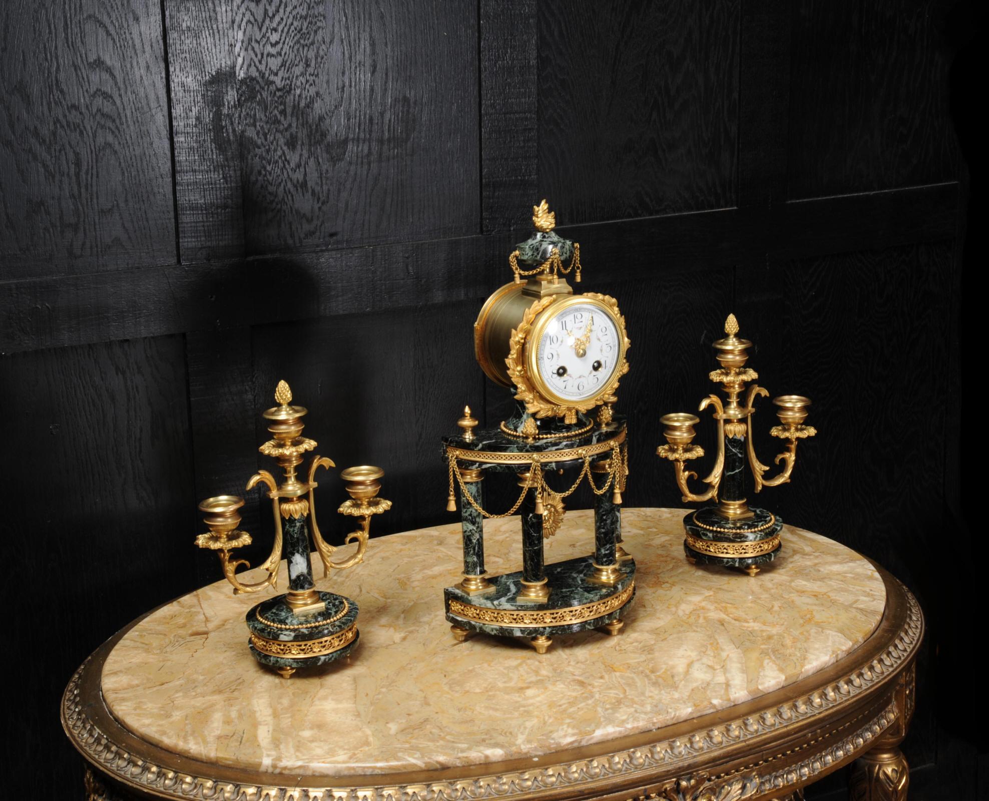 Antique French Ormolu and Green Marble Portico Clock Set 3