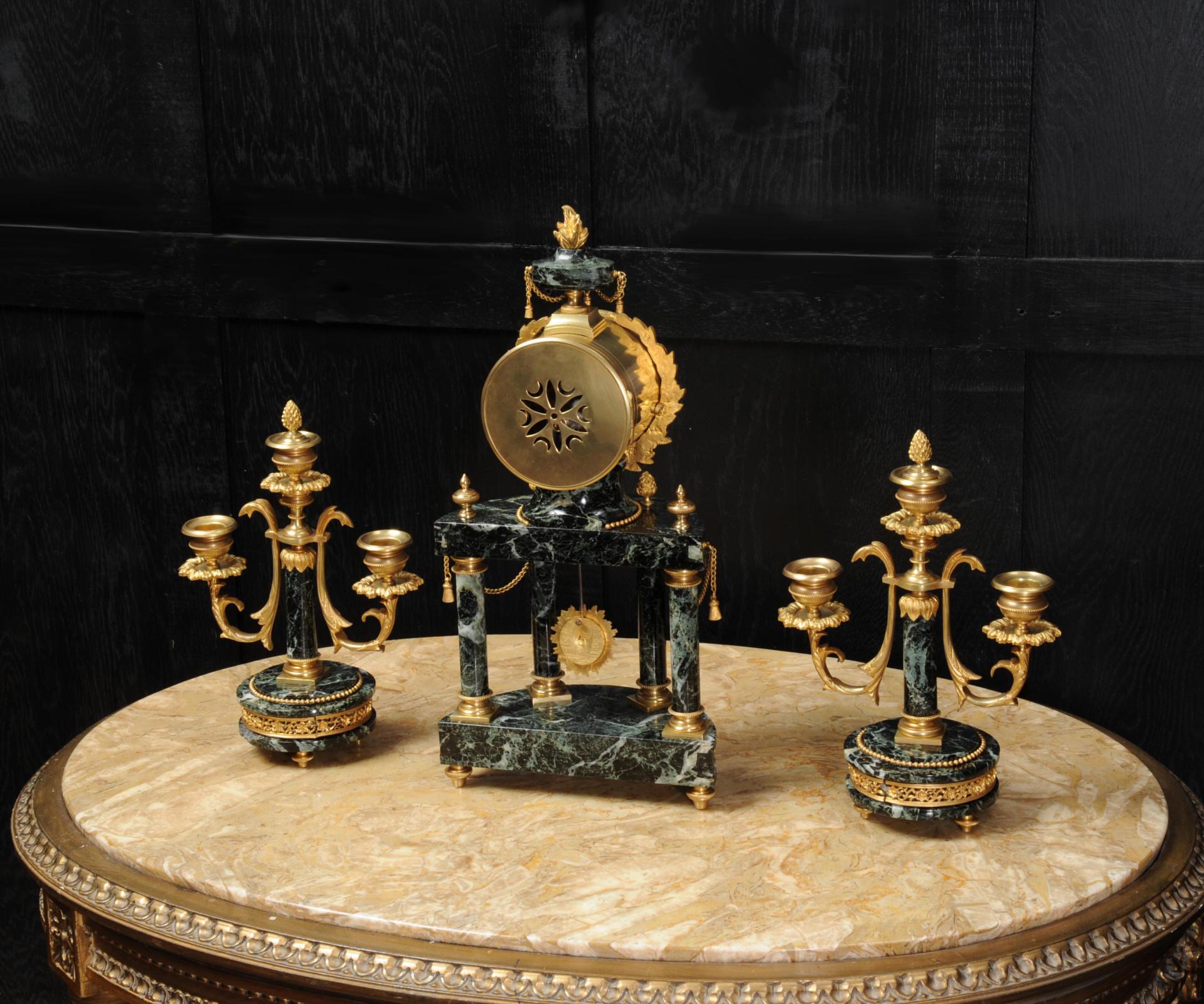 Antique French Ormolu and Green Marble Portico Clock Set 4