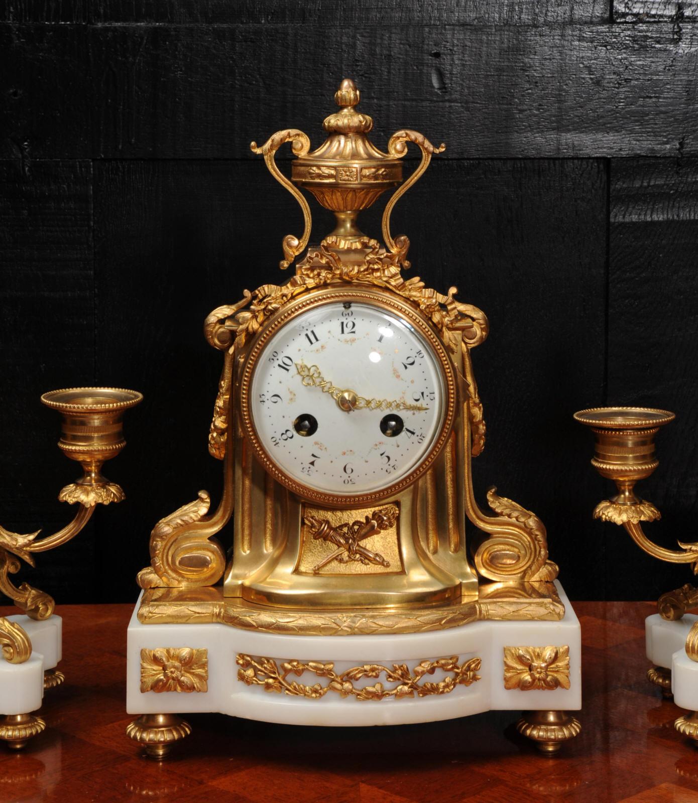 Antique French Ormolu and Marble Boudoir Clock Set by Vincenti 5