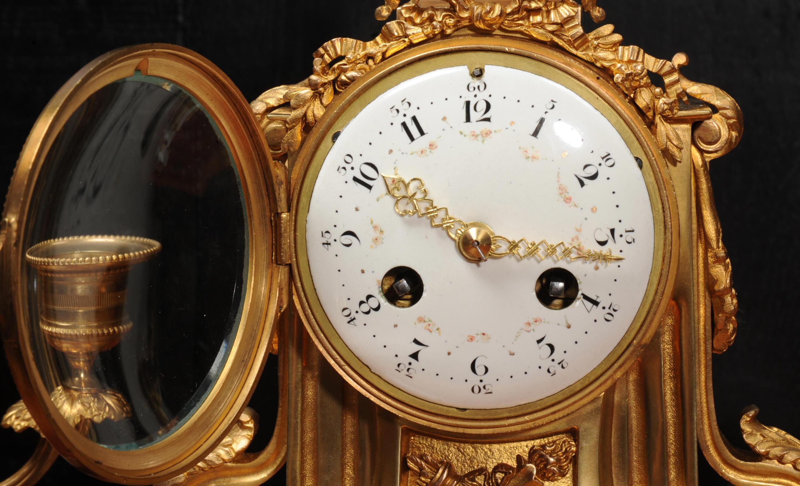 Antique French Ormolu and Marble Boudoir Clock Set by Vincenti 7