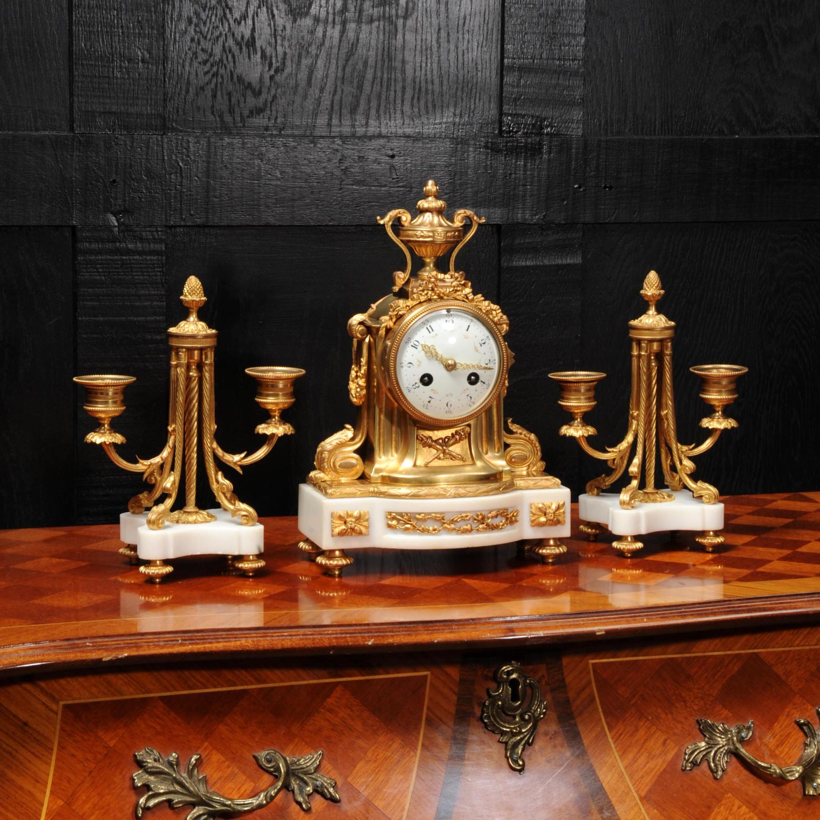 Louis XVI Antique French Ormolu and Marble Boudoir Clock Set by Vincenti