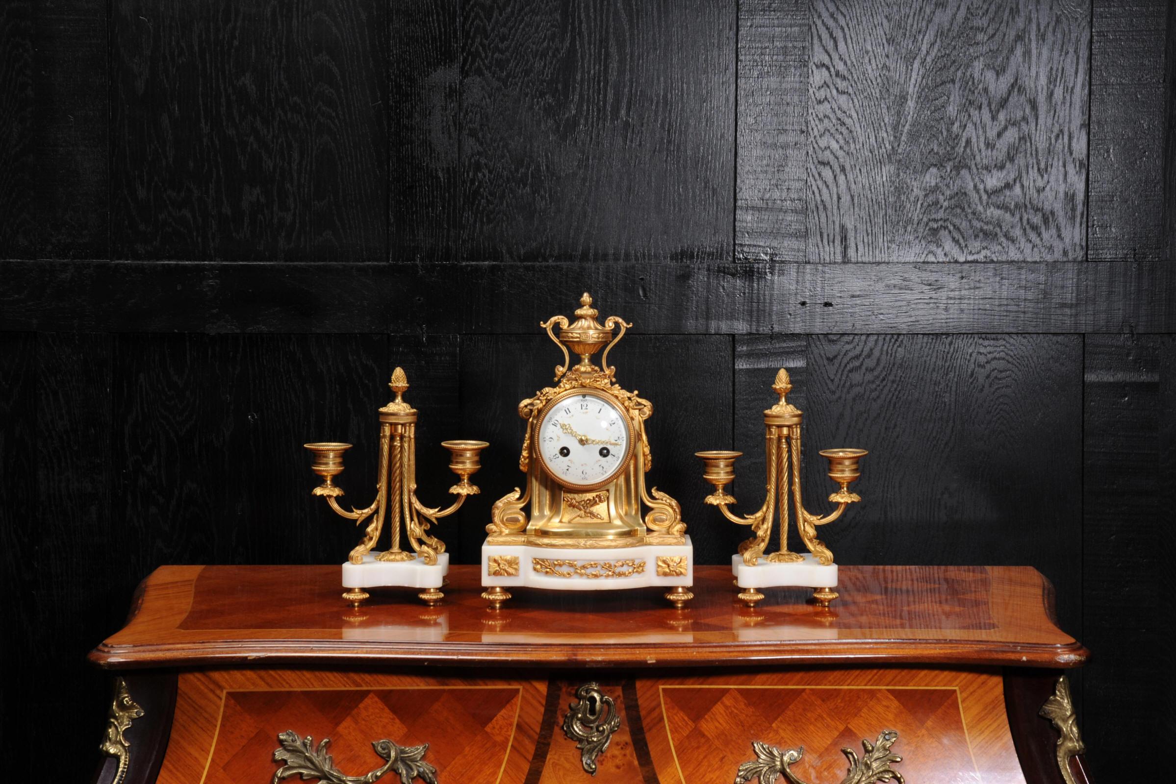Antique French Ormolu and Marble Boudoir Clock Set by Vincenti In Good Condition In Belper, Derbyshire