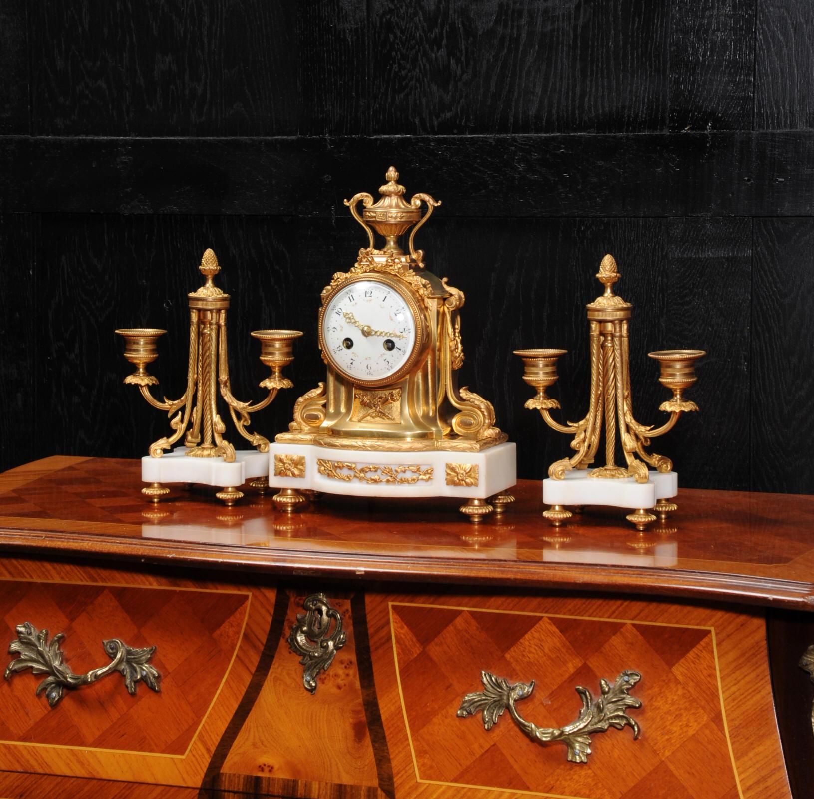 19th Century Antique French Ormolu and Marble Boudoir Clock Set by Vincenti