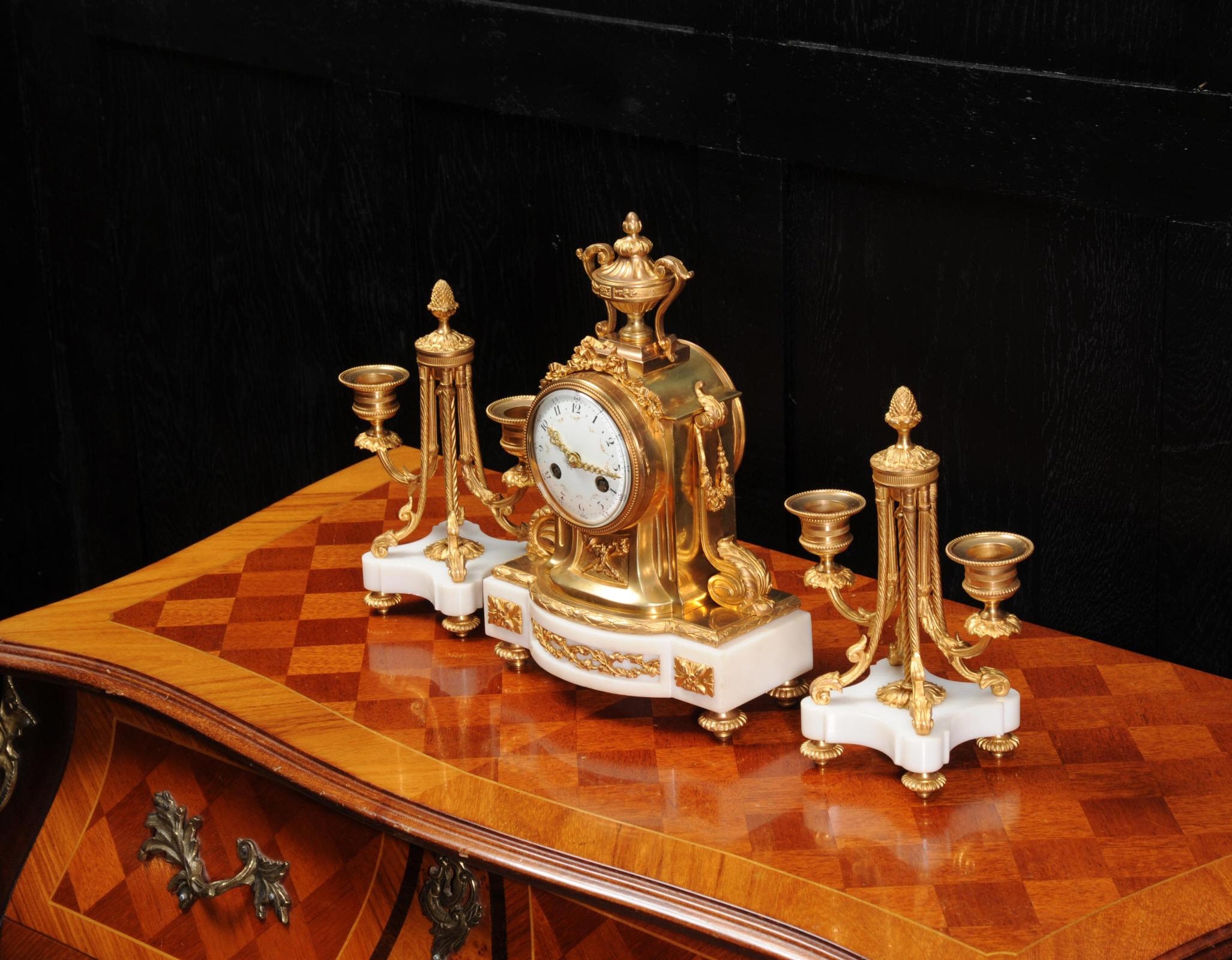 Antique French Ormolu and Marble Boudoir Clock Set by Vincenti 3