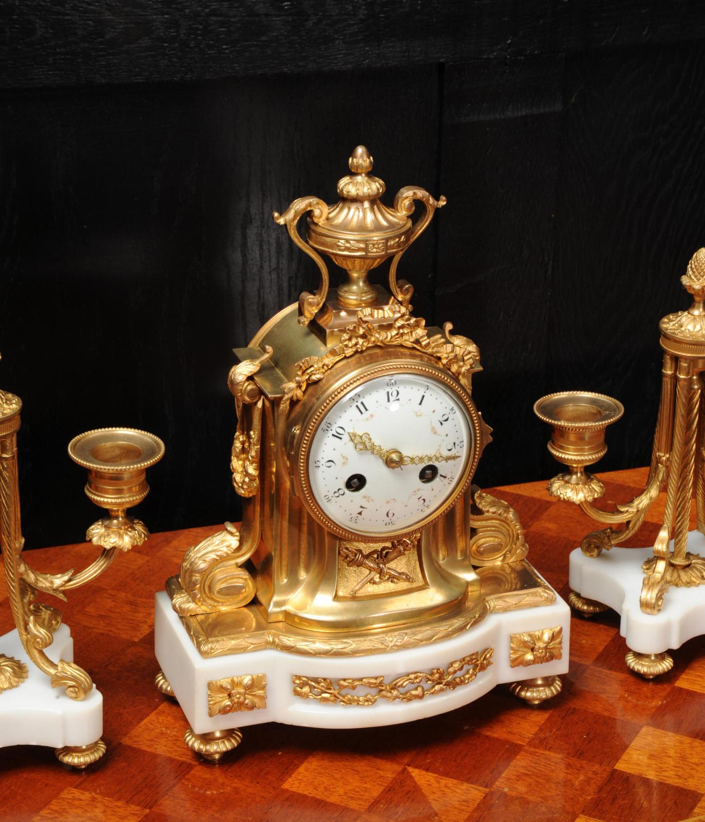 Antique French Ormolu and Marble Boudoir Clock Set by Vincenti 4