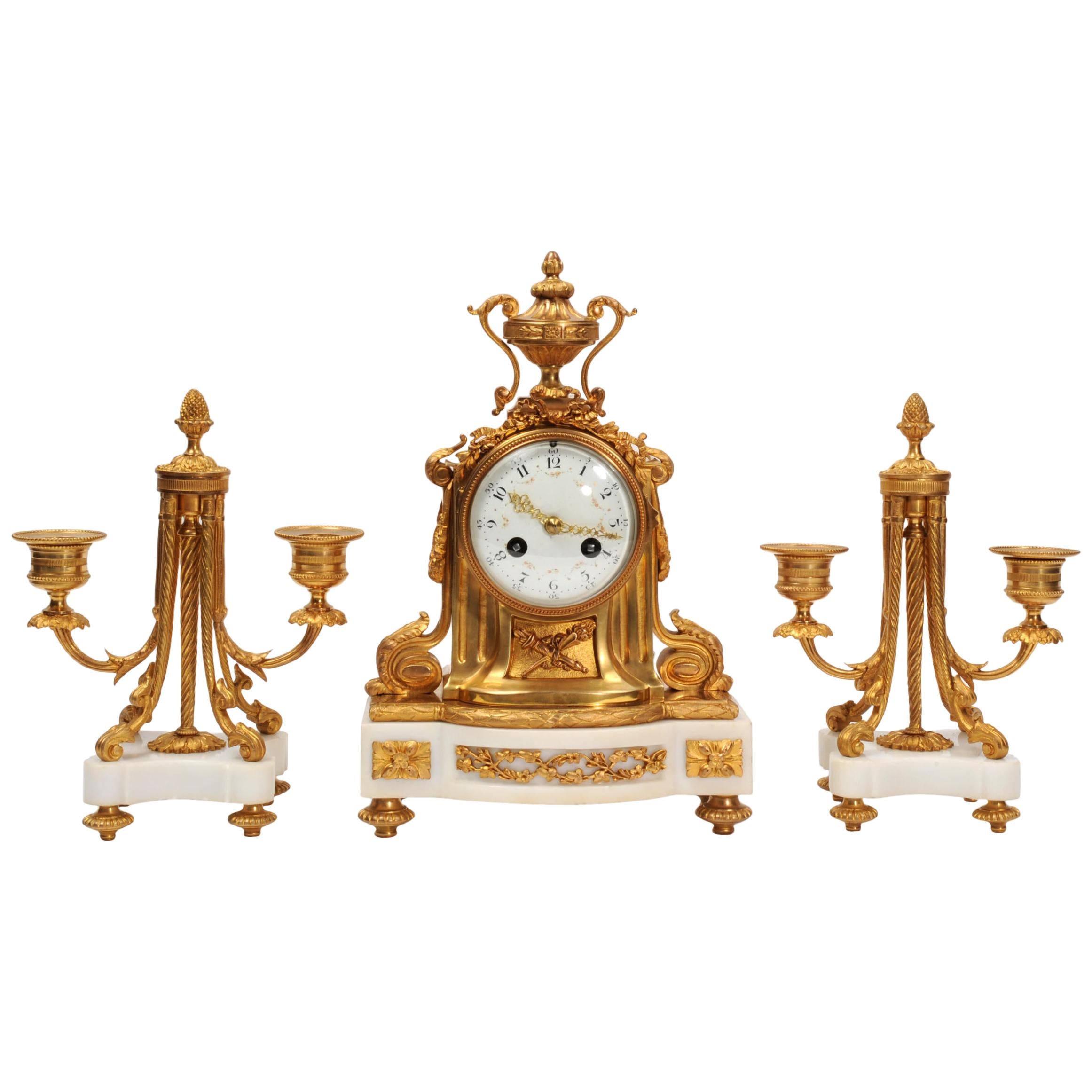 Antique French Ormolu and Marble Boudoir Clock Set by Vincenti