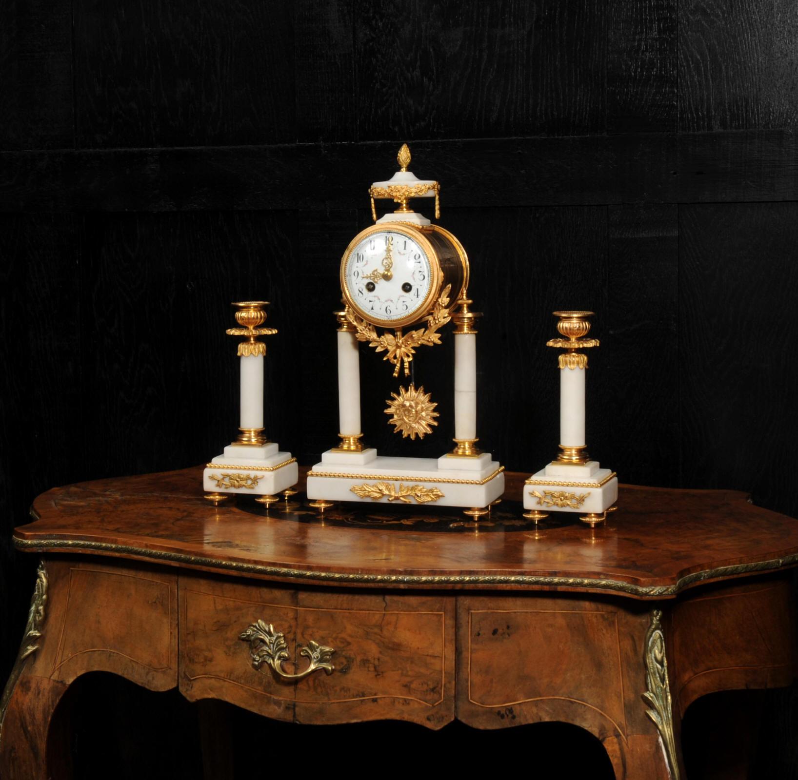 Neoclassical Antique French Ormolu and Marble Portico Clock Set For Sale