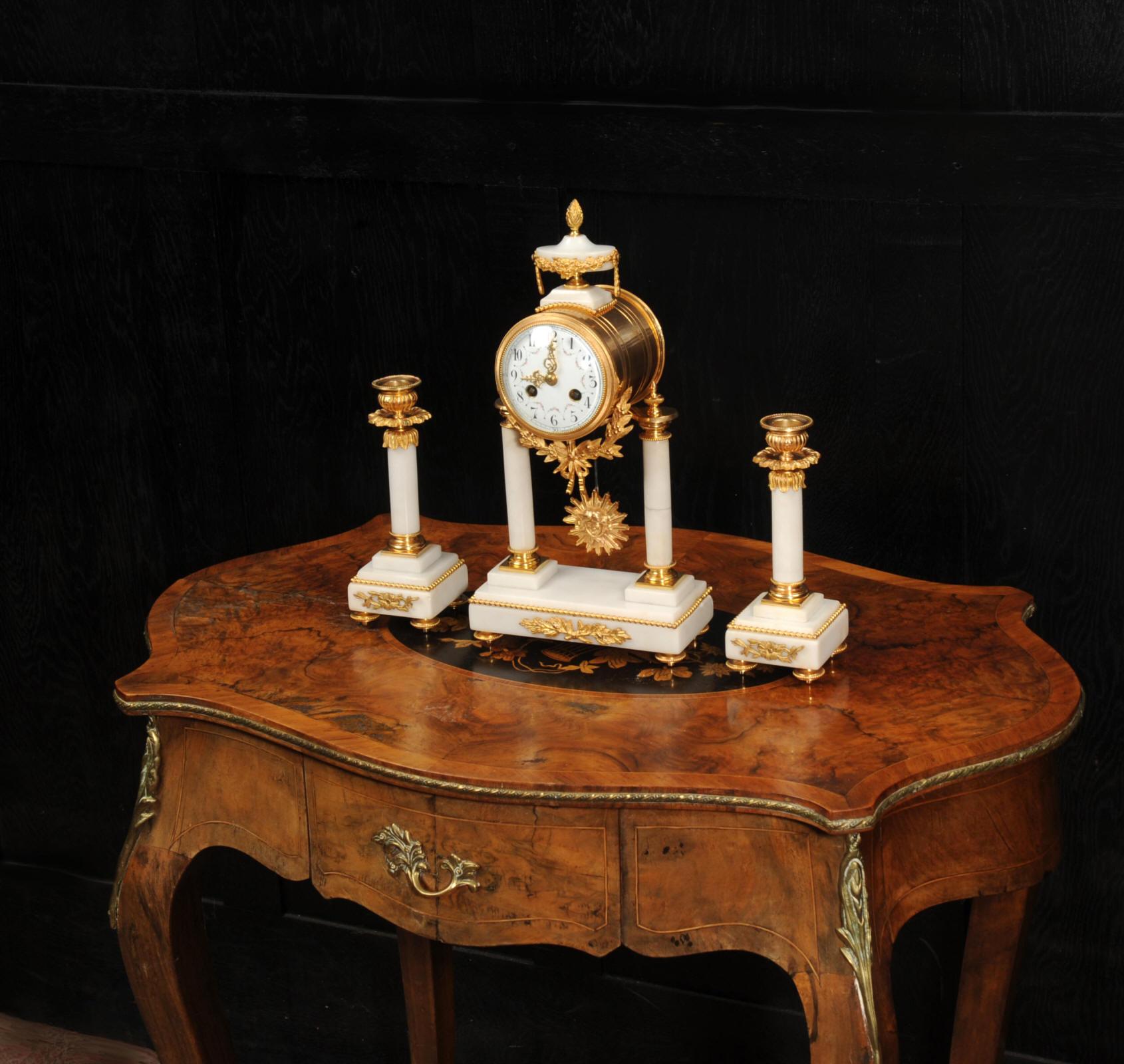 19th Century Antique French Ormolu and Marble Portico Clock Set For Sale