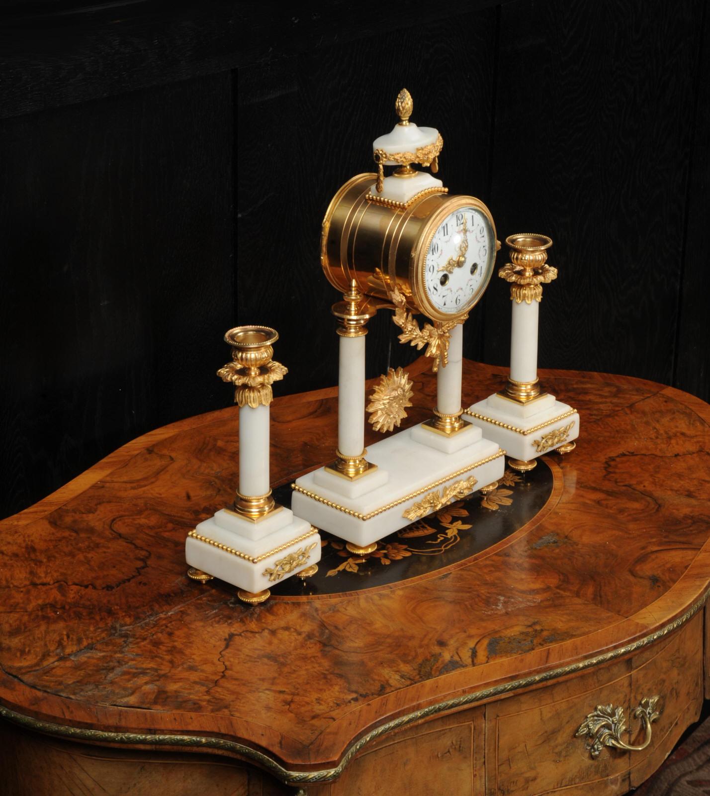 Antique French Ormolu and Marble Portico Clock Set For Sale 1