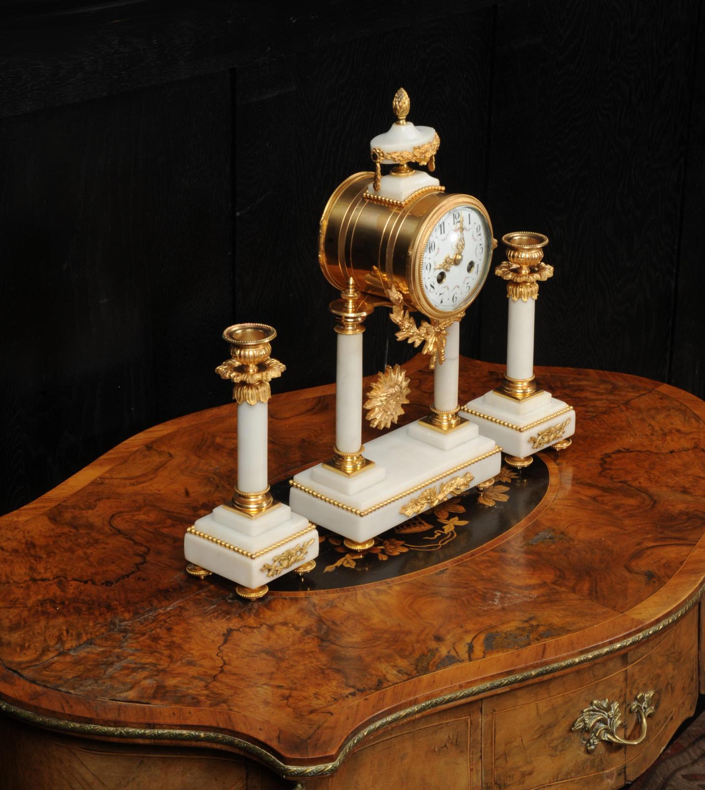 Antique French Ormolu and Marble Portico Clock Set 1