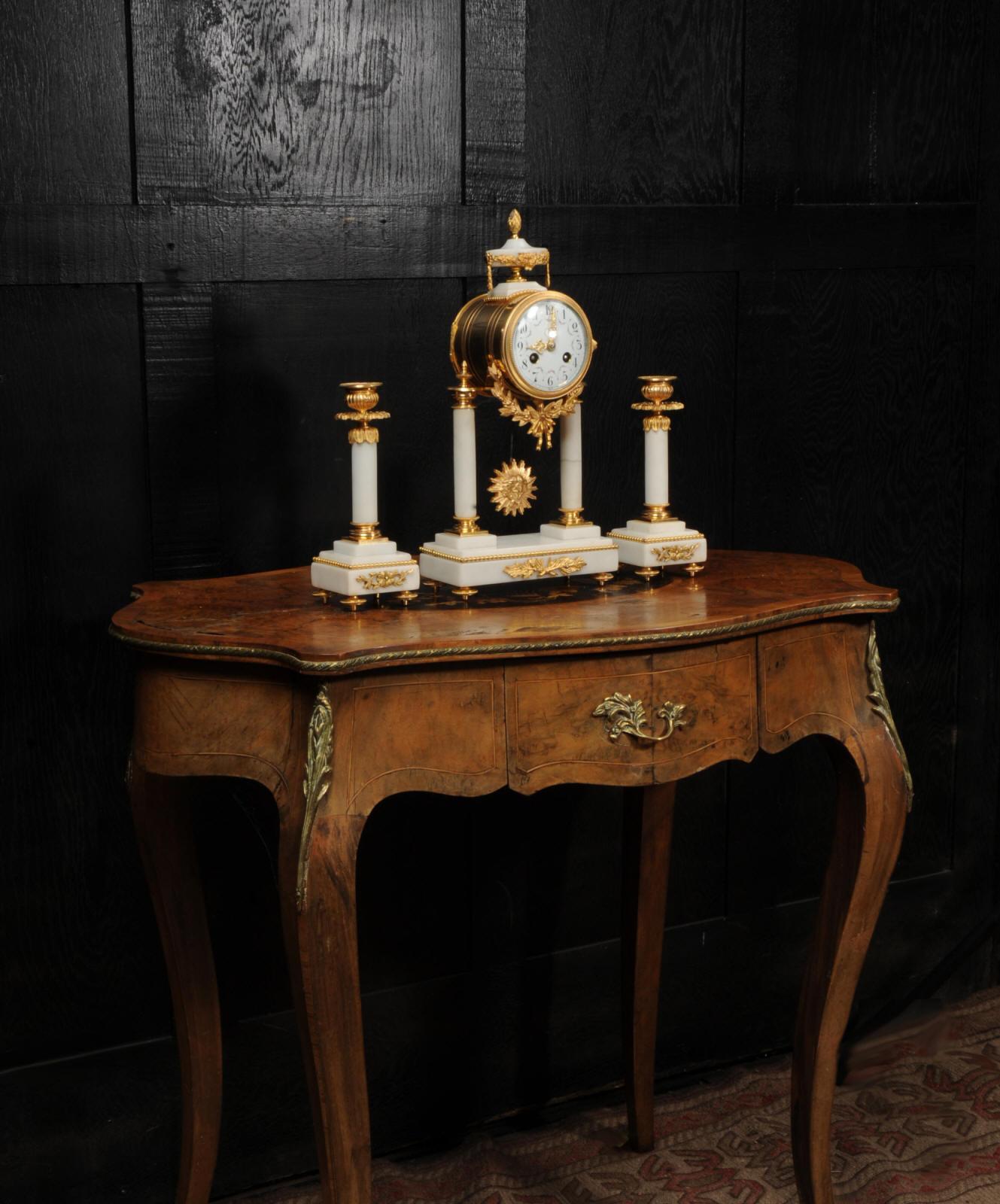 Antique French Ormolu and Marble Portico Clock Set 2