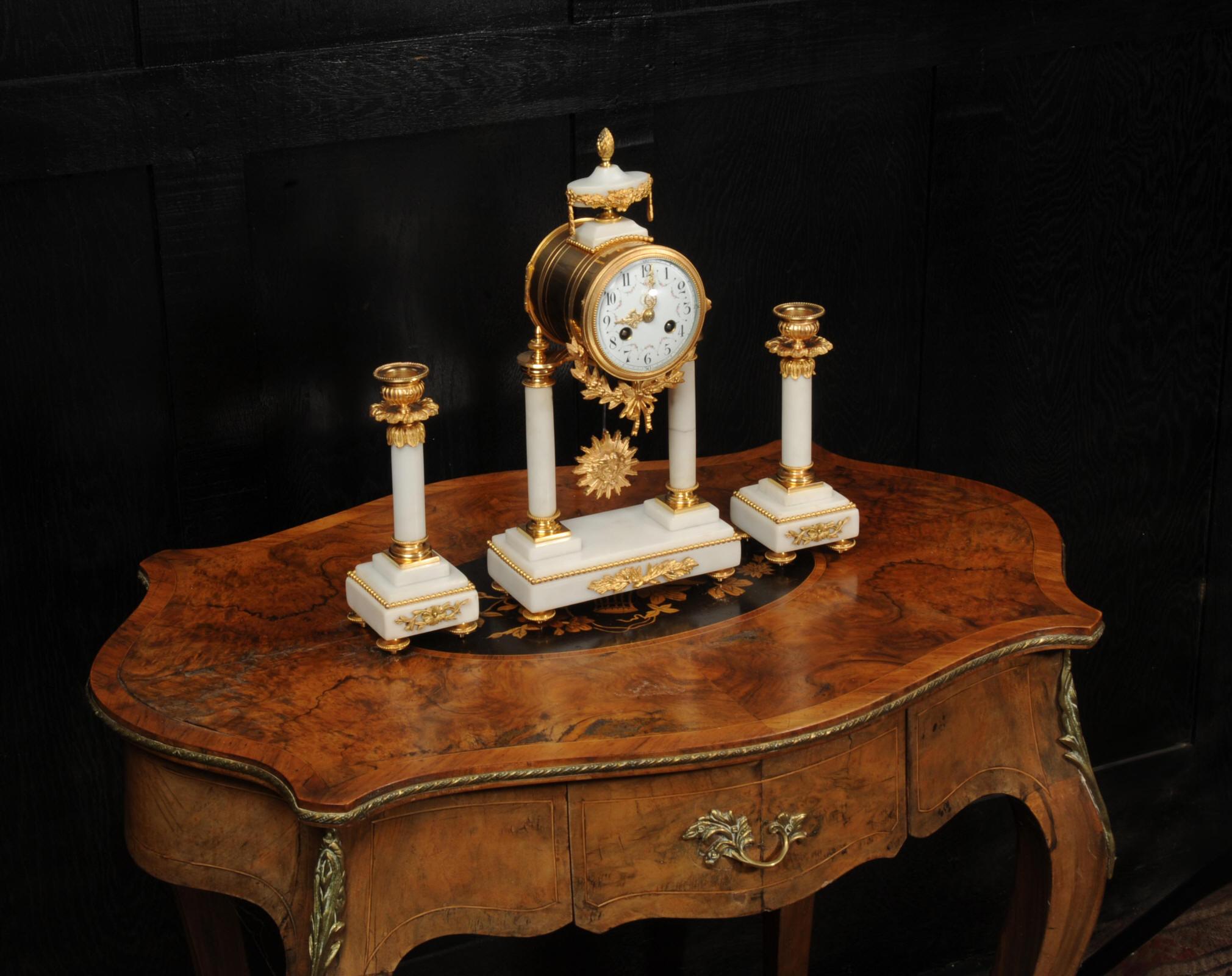 Antique French Ormolu and Marble Portico Clock Set 3