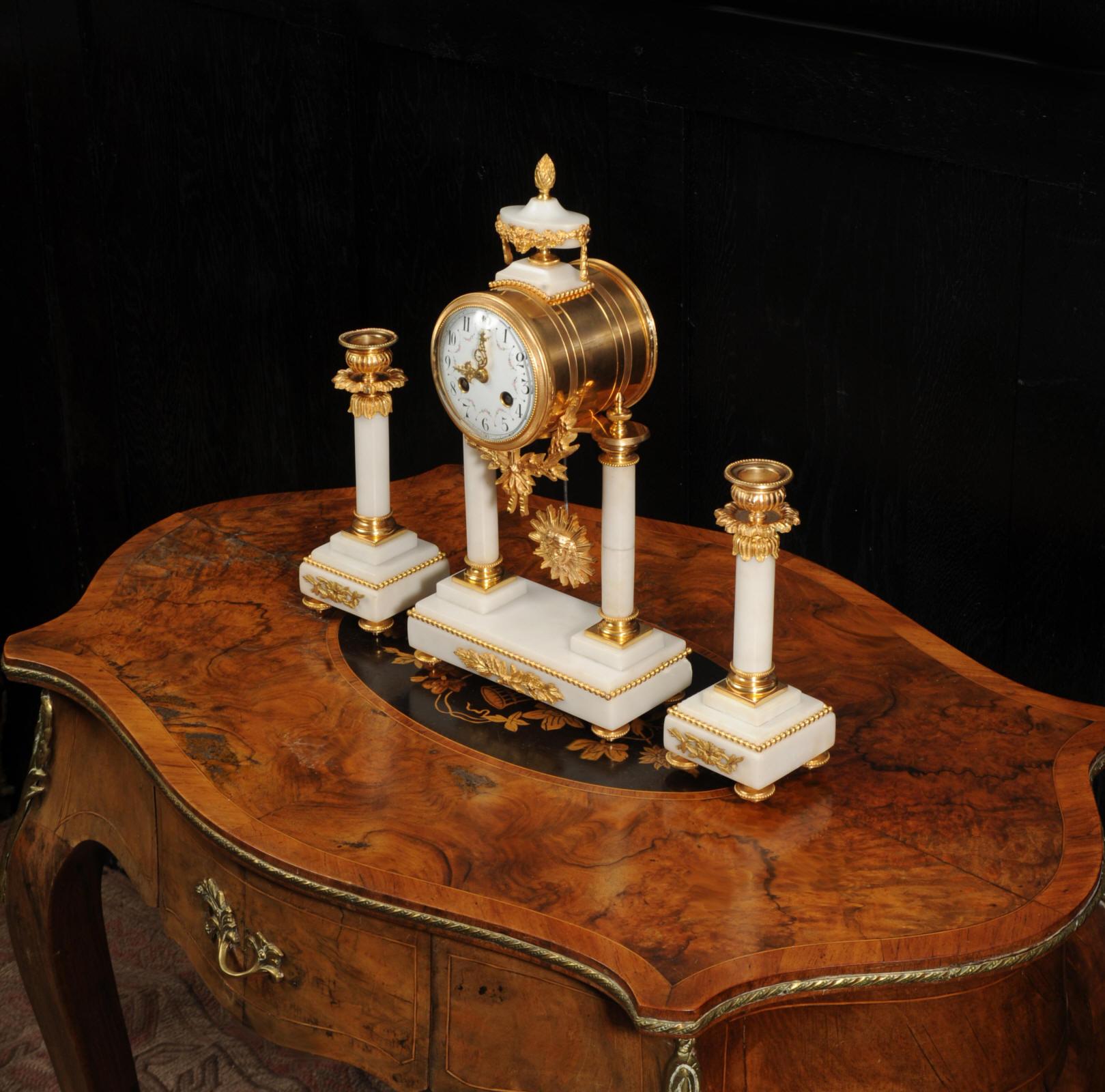 Antique French Ormolu and Marble Portico Clock Set 4