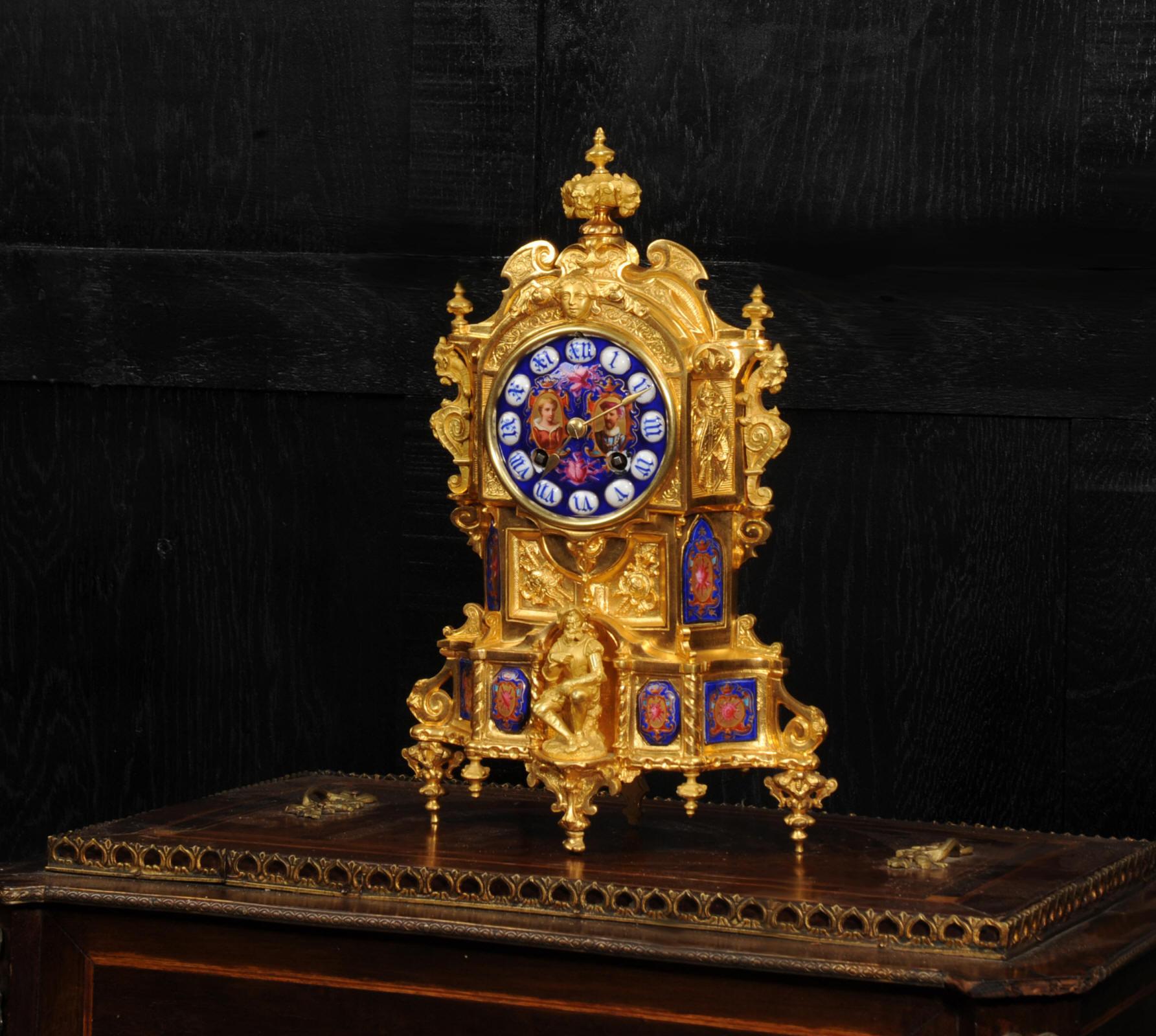 Antique French Ormolu and Porcelain Gothic Clock - Vincenti - Fully Overhauled In Good Condition In Belper, Derbyshire
