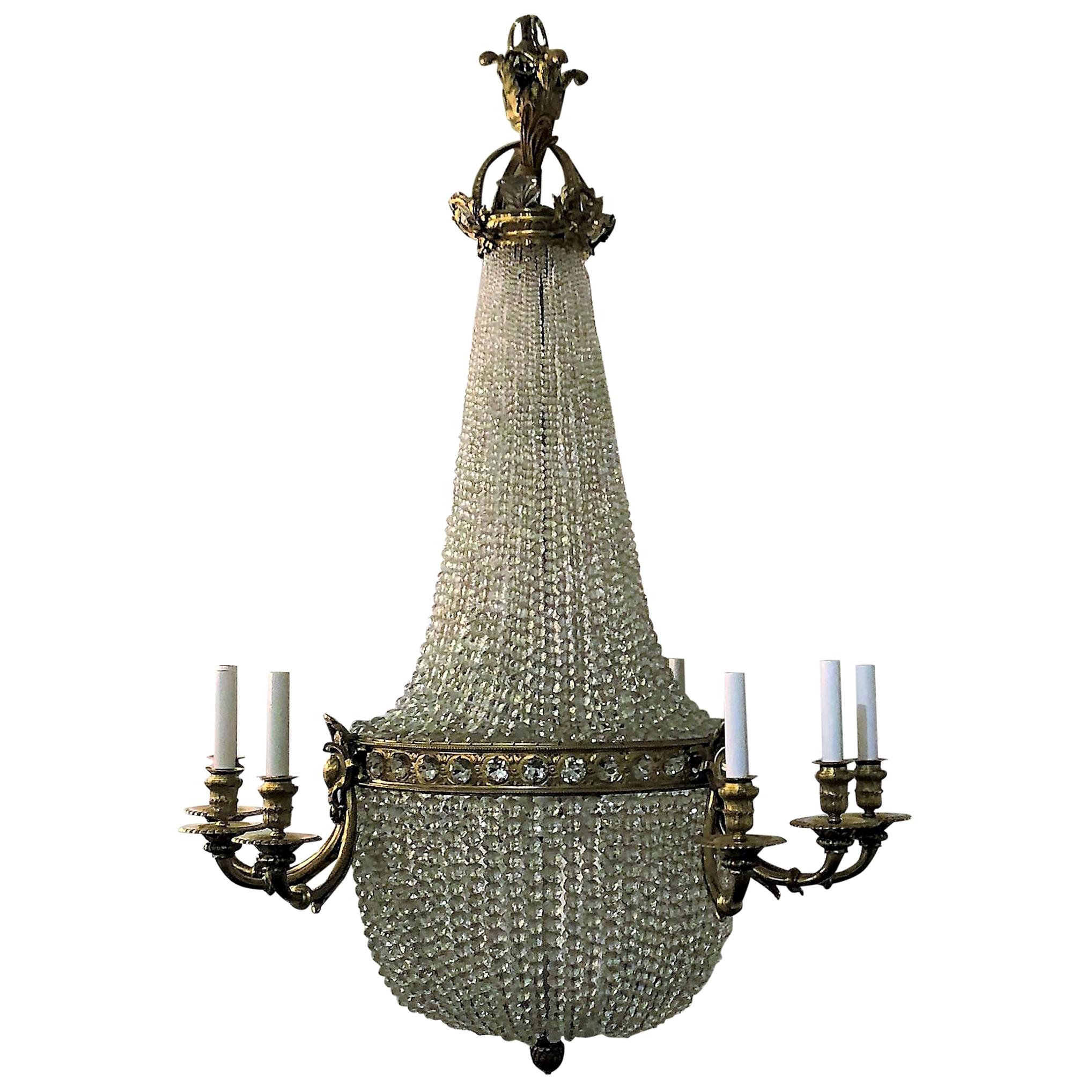 Antique French Ormolu and Richly Beaded Chandelier