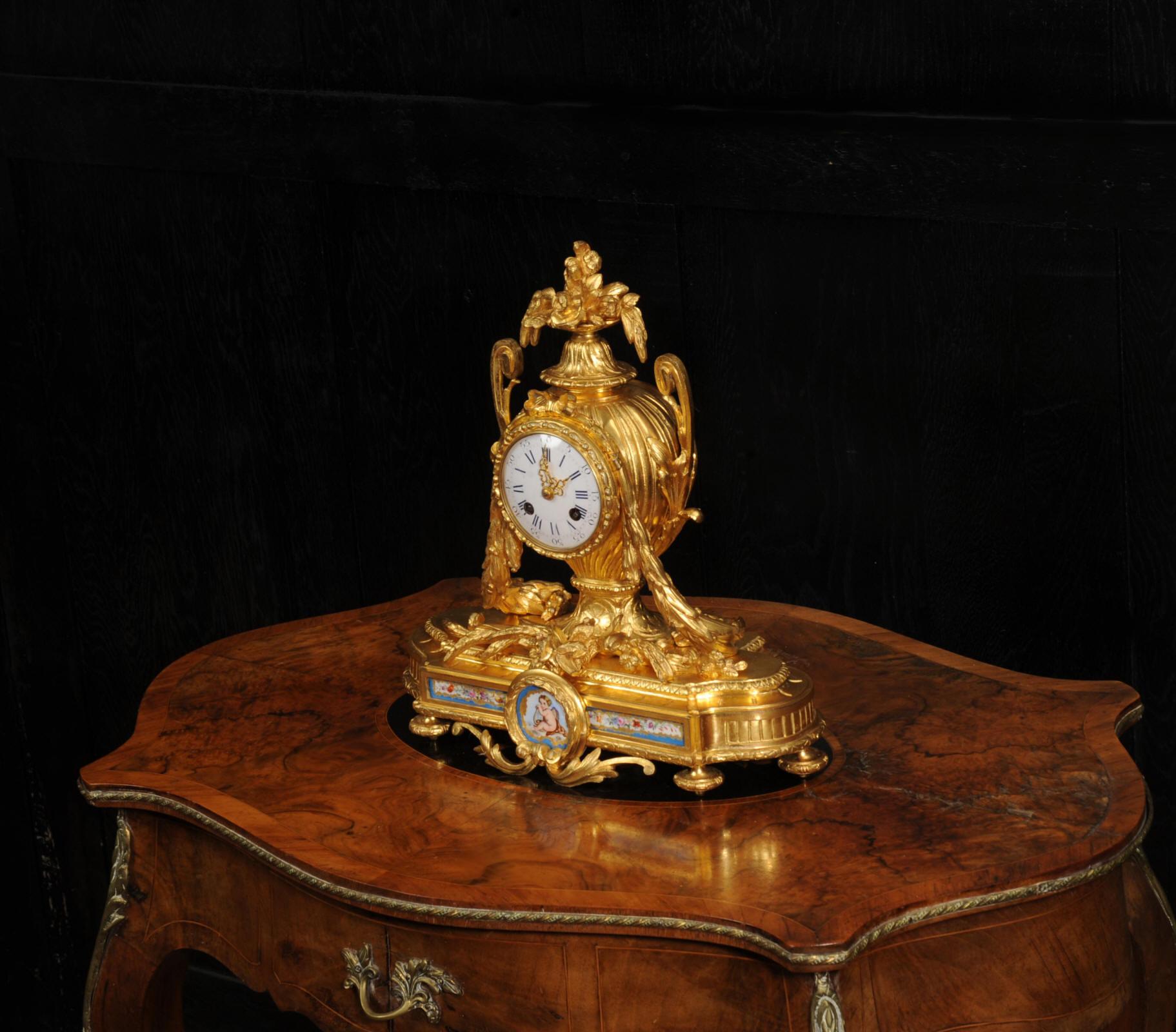 Painted Antique French Ormolu and Sevres Porcelain Clock For Sale