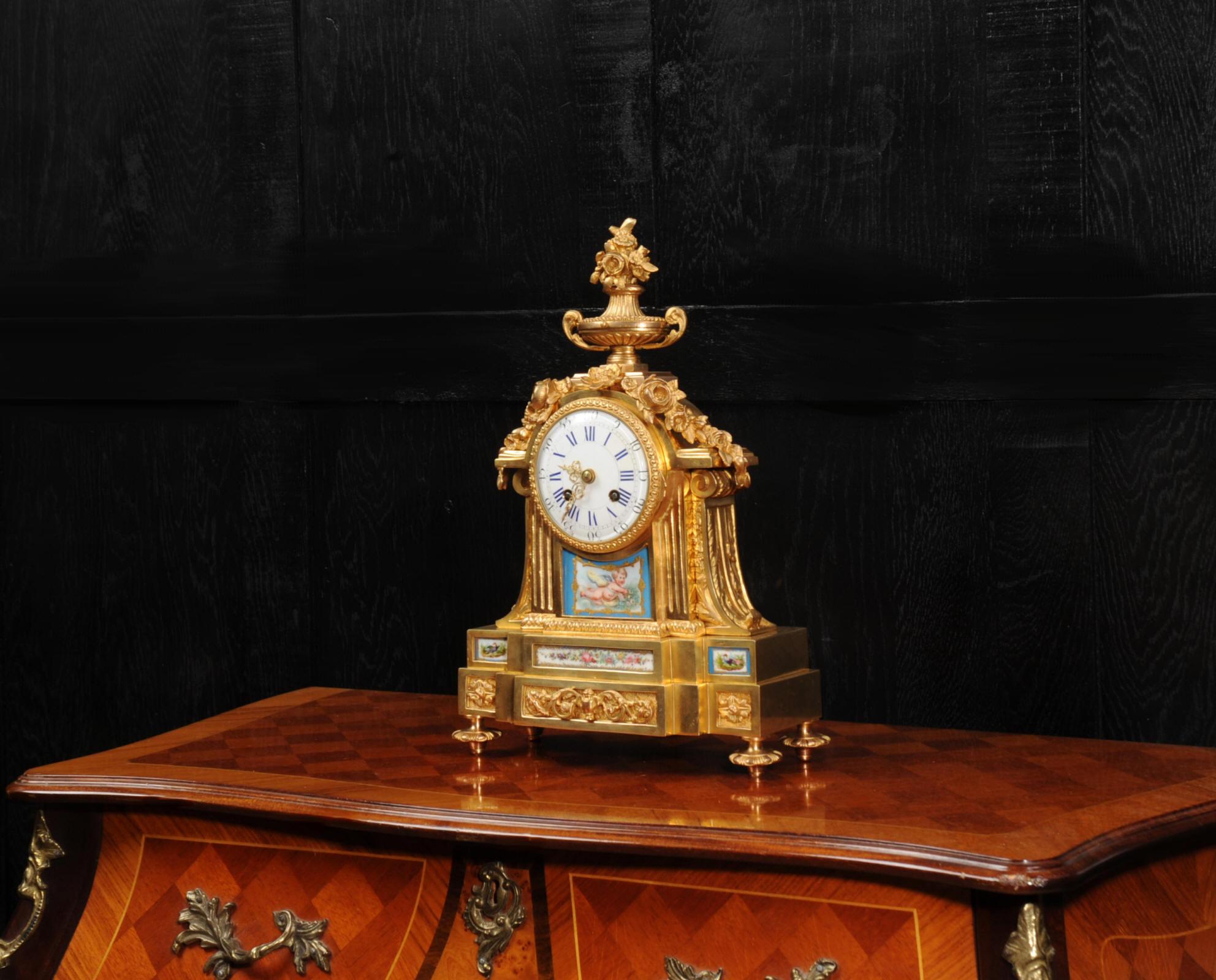 Painted Antique French Ormolu and Sevres Porcelain Clock For Sale
