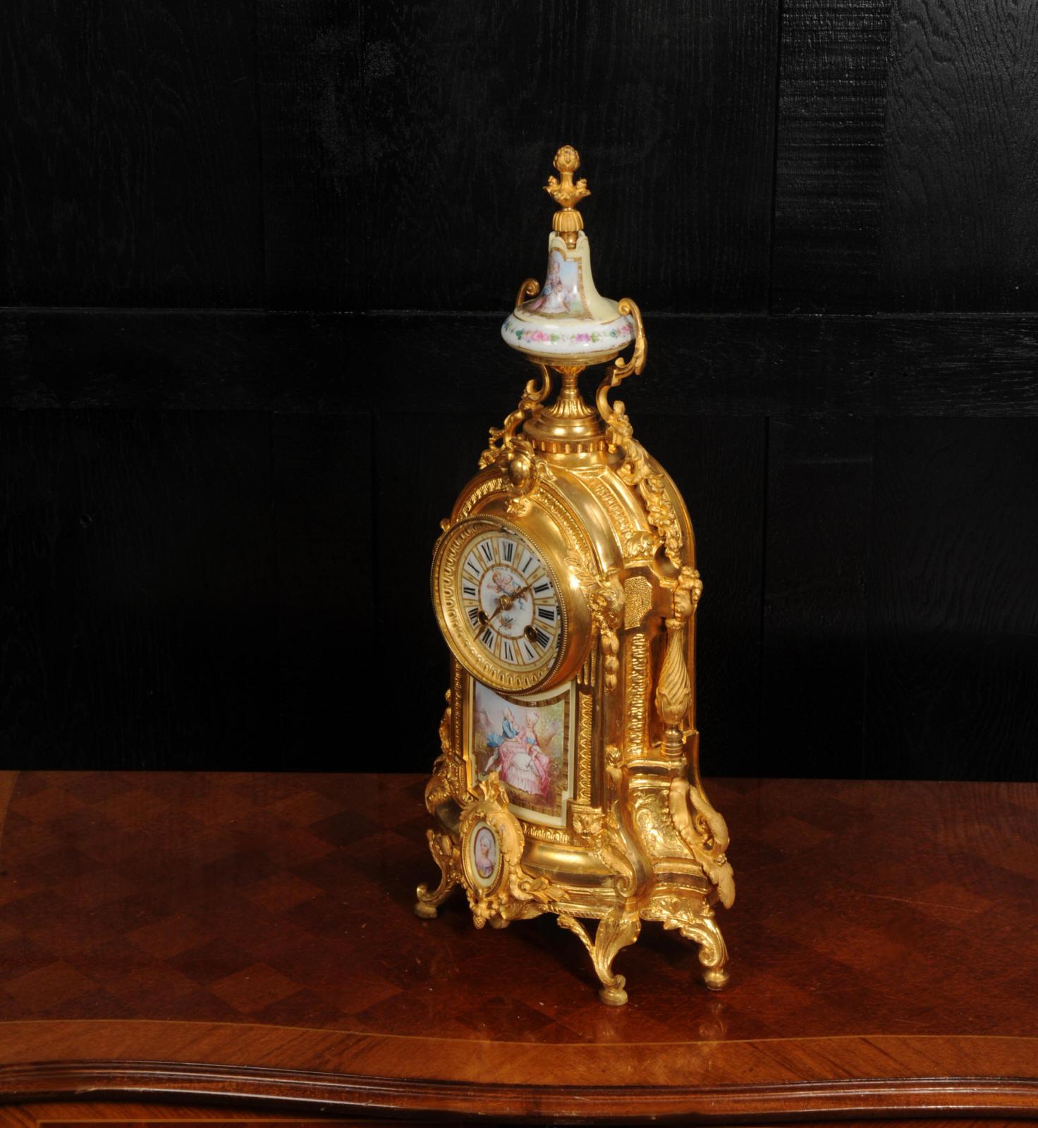 Hand-Painted Antique French Ormolu and Sevres Porcelain Clock For Sale