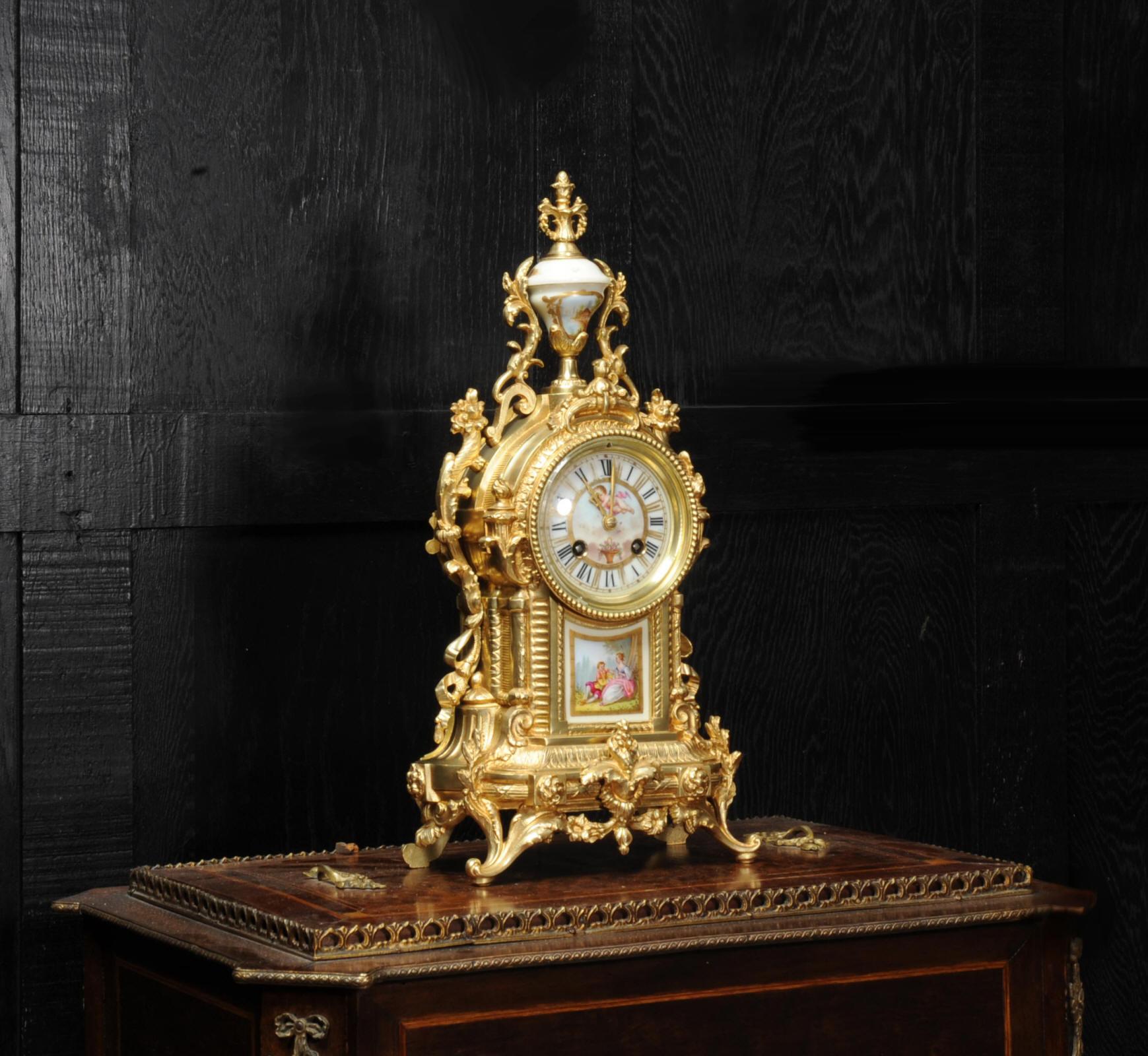 Antique French Ormolu and Sevres Porcelain Clock, Love In Good Condition In Belper, Derbyshire