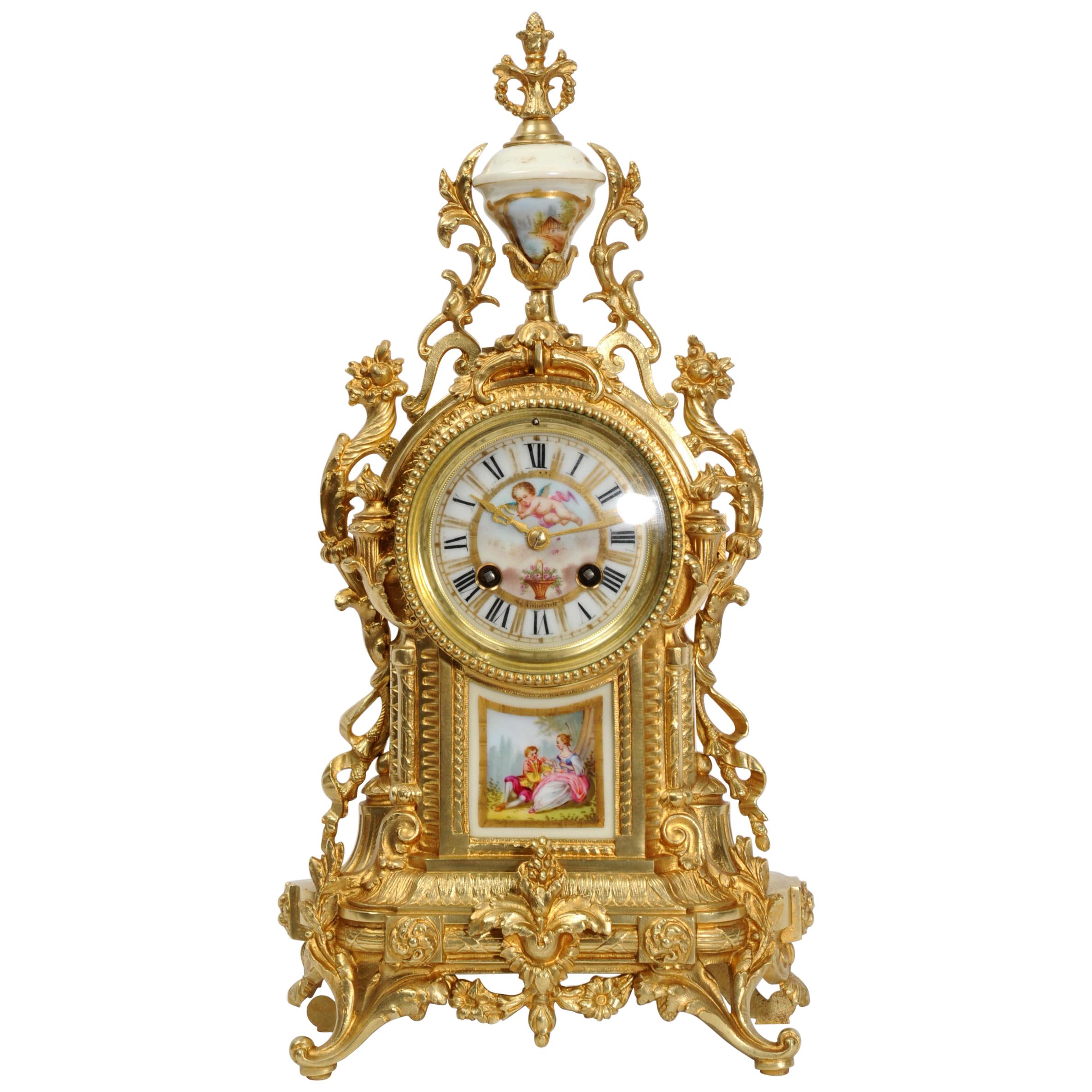 Antique French Ormolu and Sevres Porcelain Clock, Love