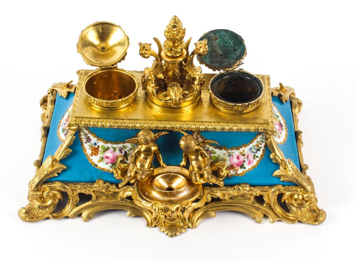 Antique French Ormolu and Sèvres Porcelain Standish Inkstand, 19th Century 6