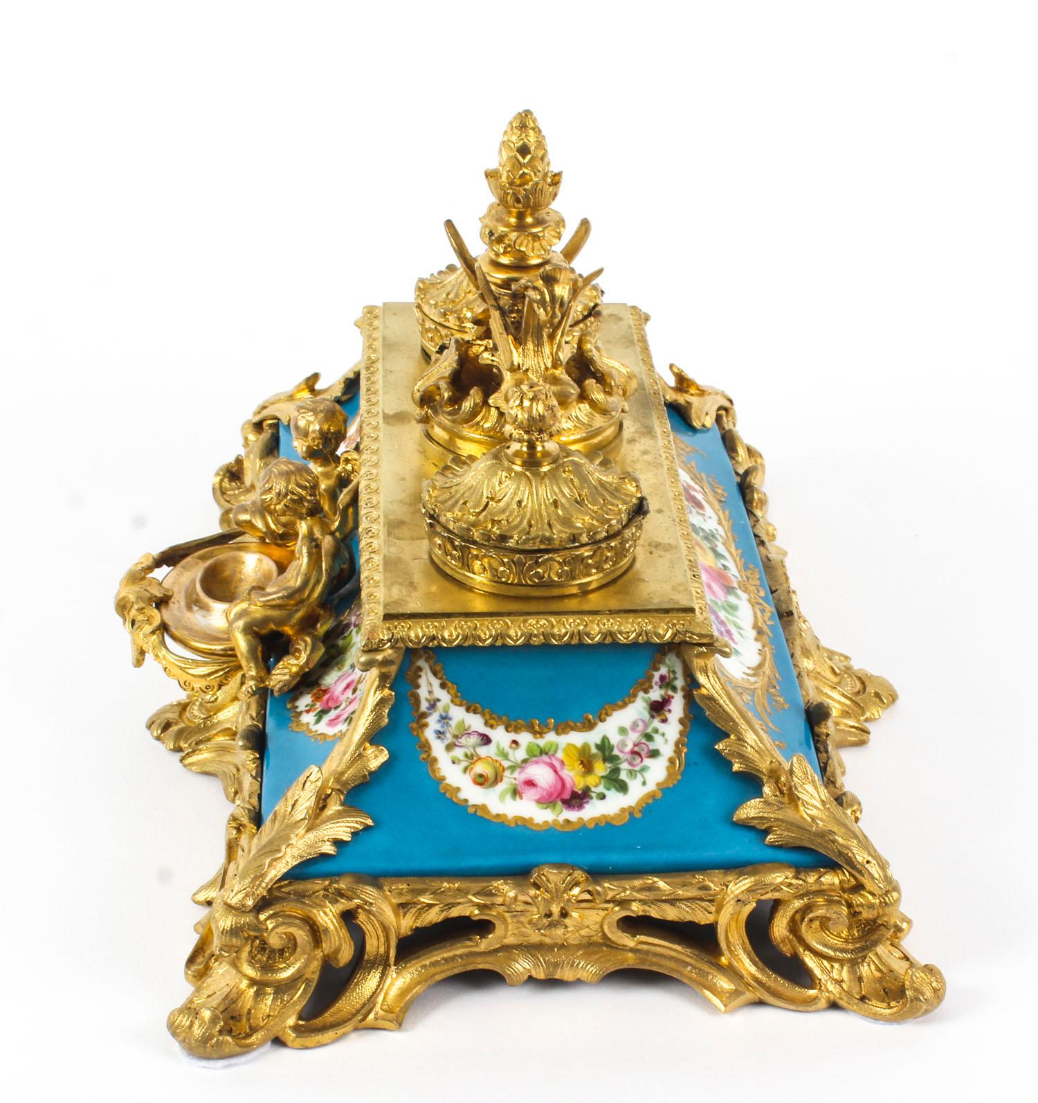 Antique French Ormolu and Sèvres Porcelain Standish Inkstand, 19th Century 5