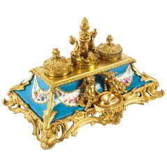 Antique French Ormolu and Sèvres Porcelain Standish Inkstand, 19th Century