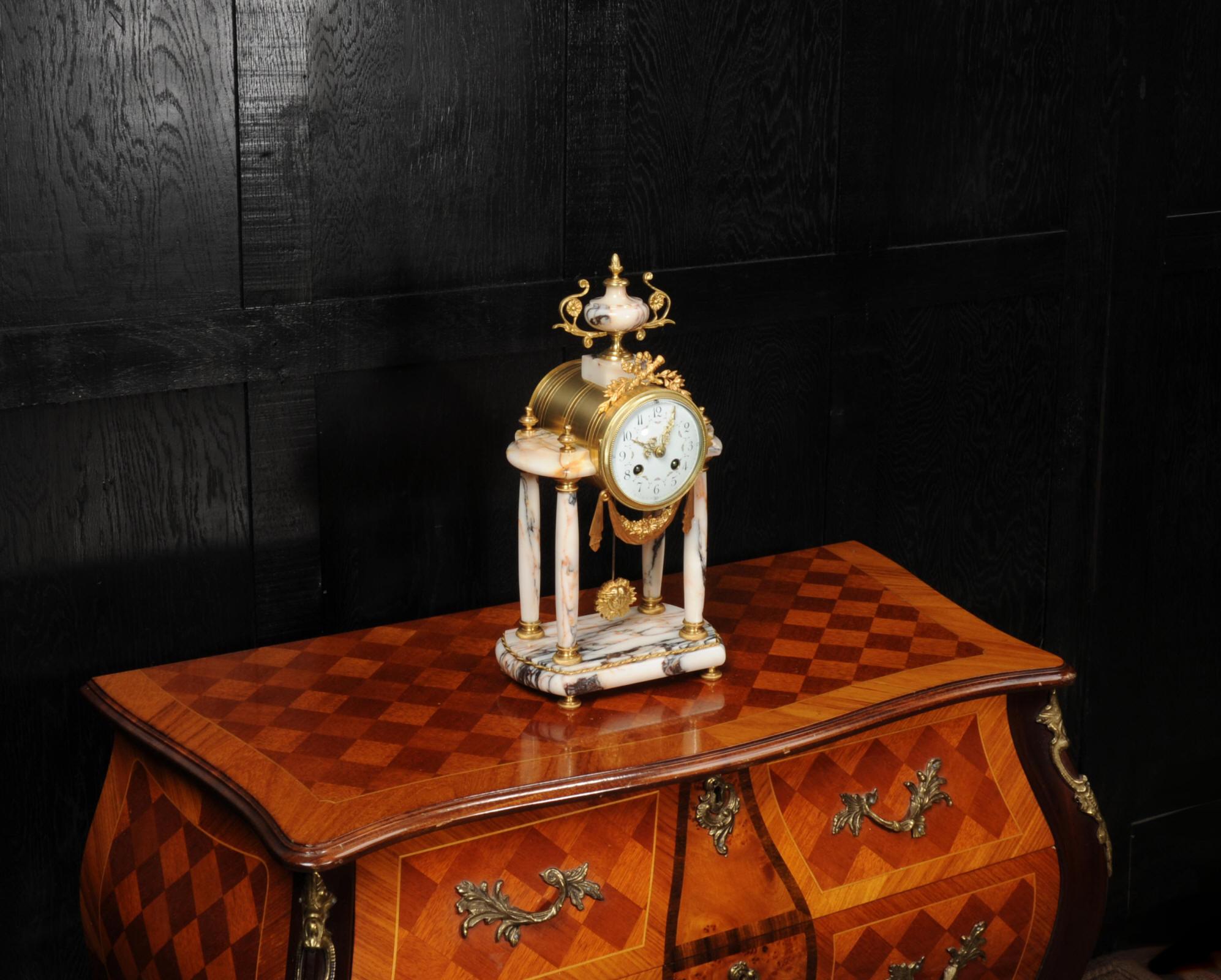 Antique French Ormolu and Specimen Marble Portico Clock by Fritz Marti In Good Condition In Belper, Derbyshire