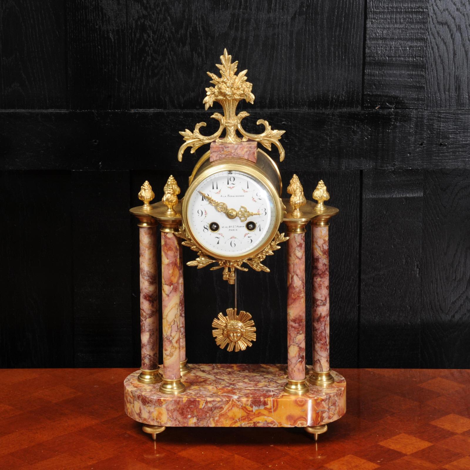 Antique French Ormolu and Specimen Marble Portico Clock In Good Condition In Belper, Derbyshire