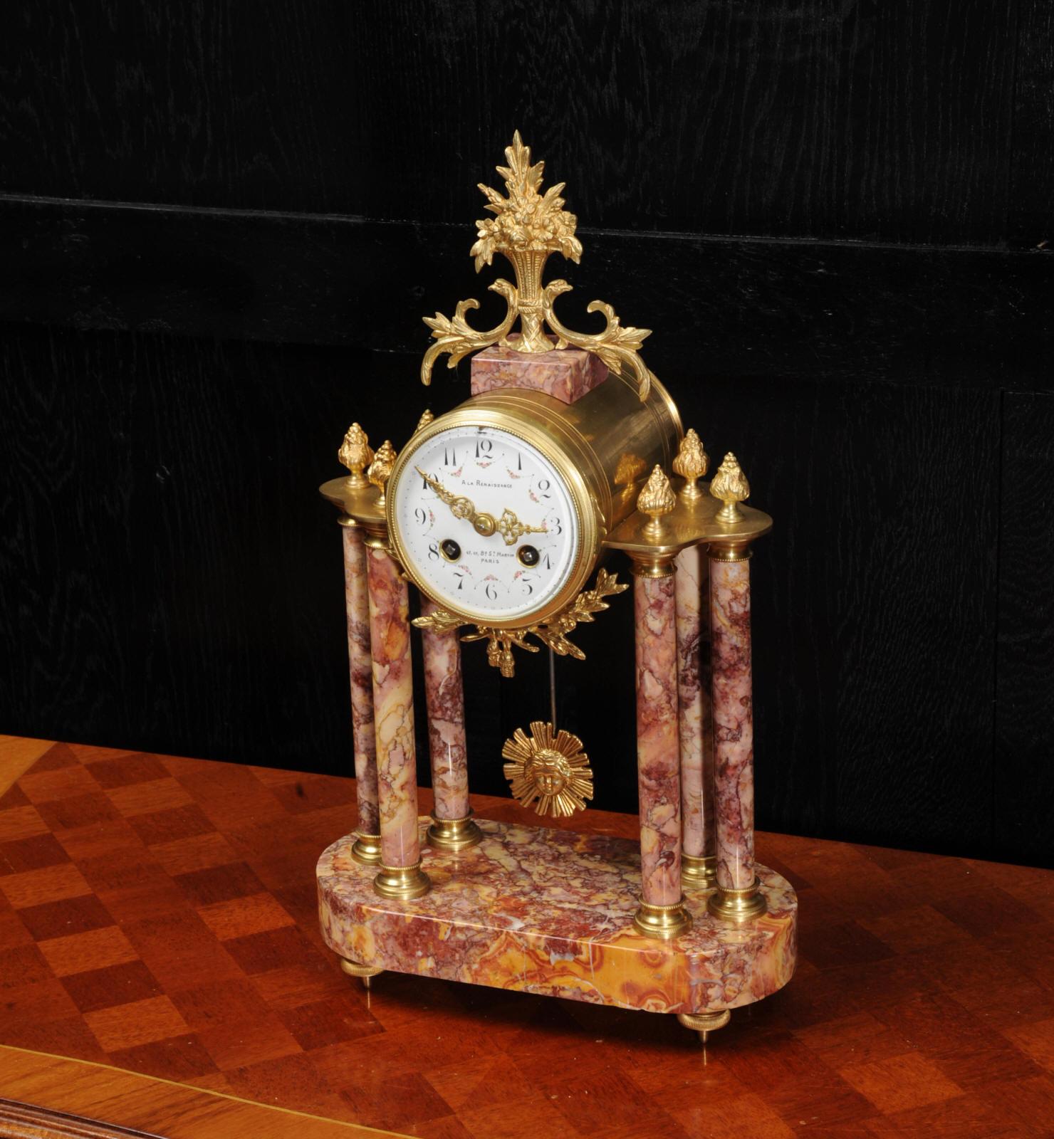 Antique French Ormolu and Specimen Marble Portico Clock 1