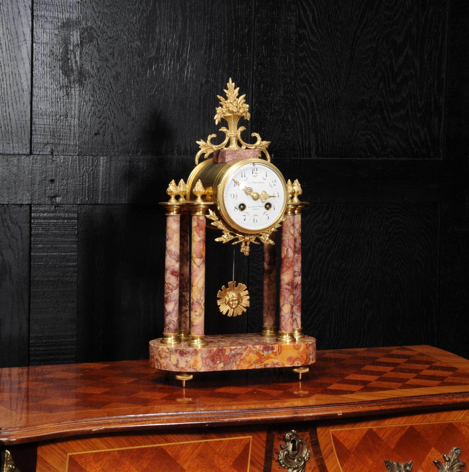 Antique French Ormolu and Specimen Marble Portico Clock 2