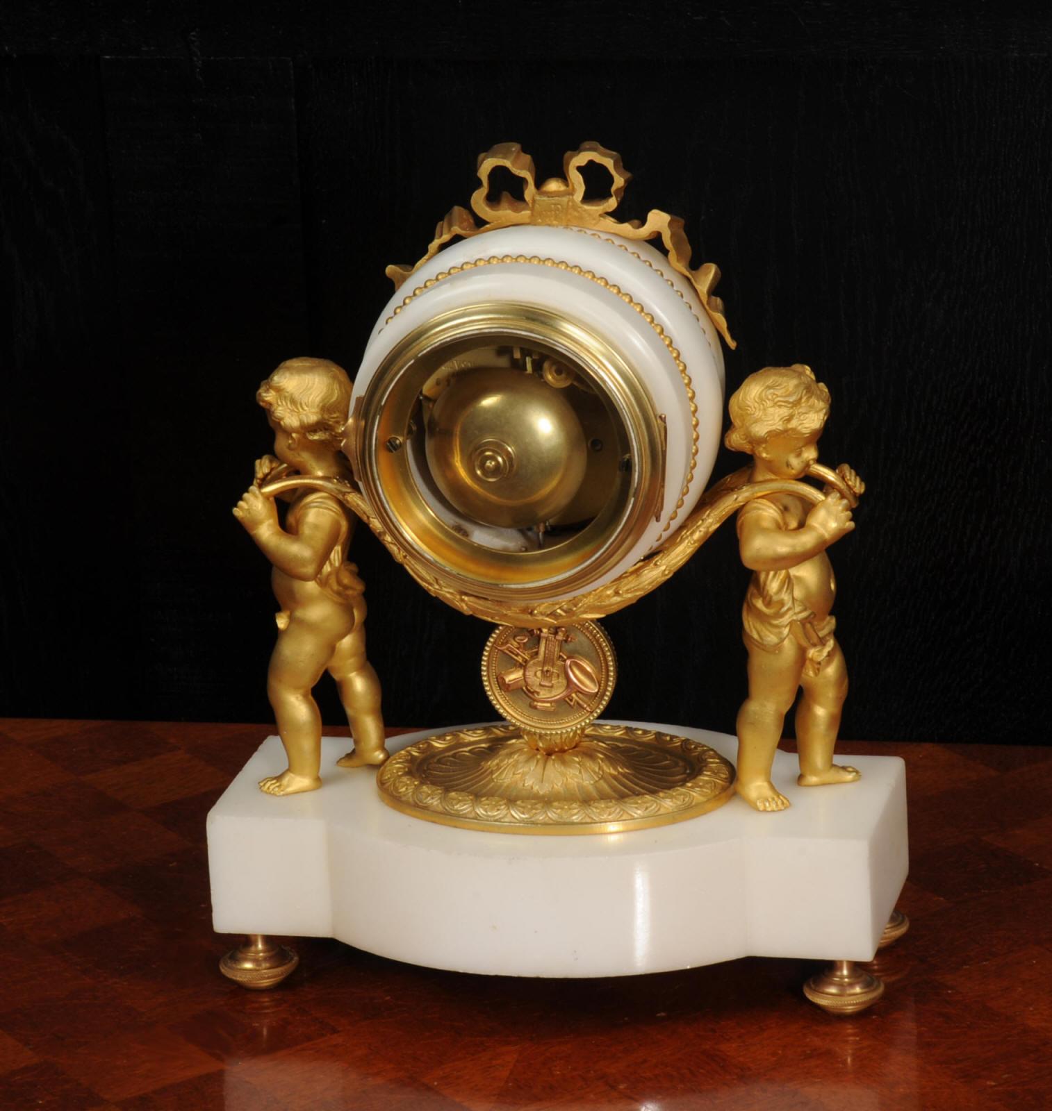 Antique French Ormolu and White Marble Clock - Cherubs For Sale 6