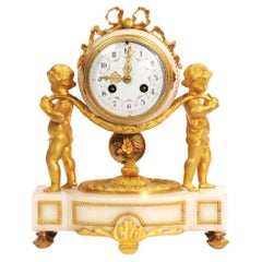 Used French Ormolu and White Marble Clock - Cherubs 