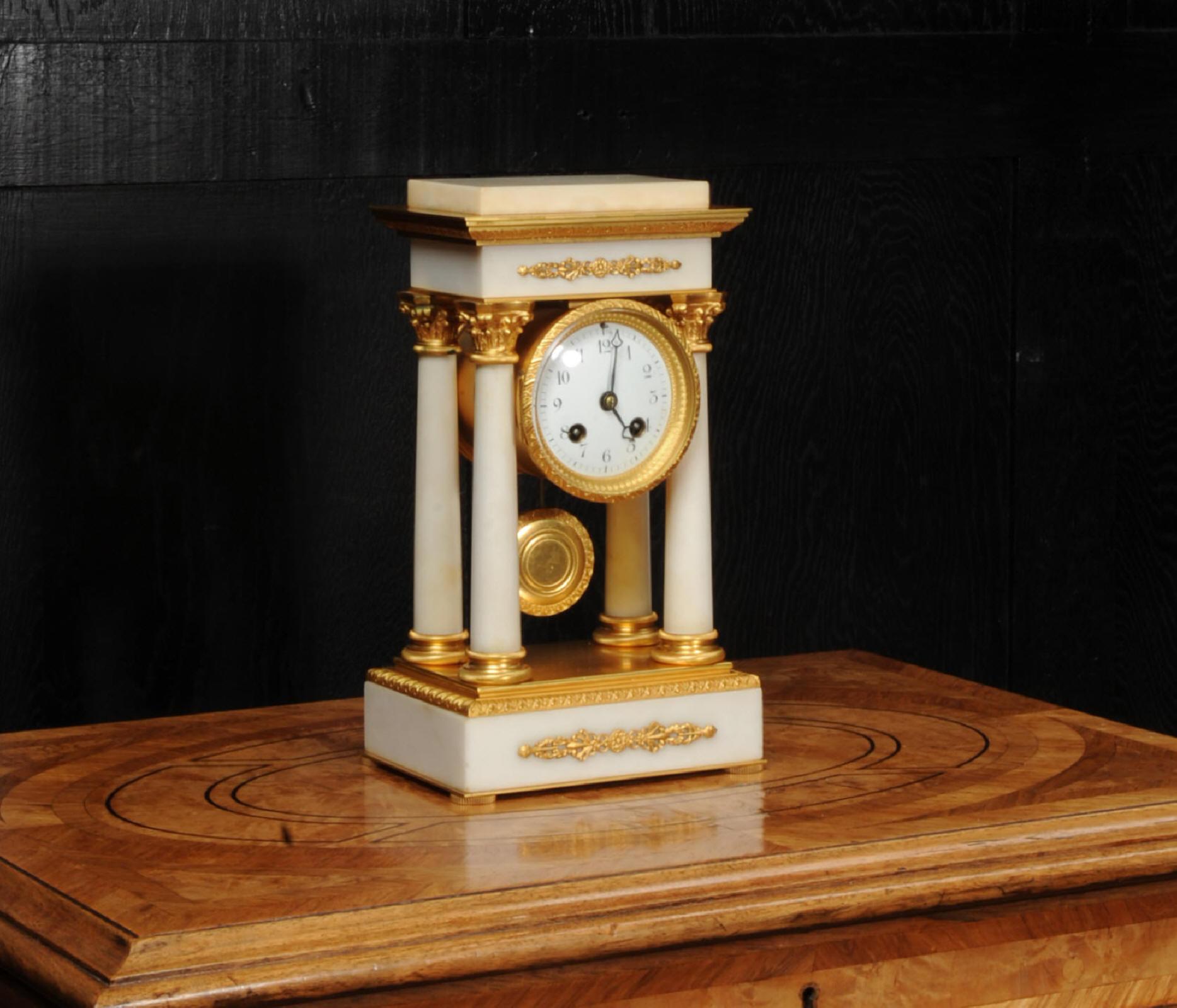 Neoclassical Antique French Ormolu and White Marble Portico Clock