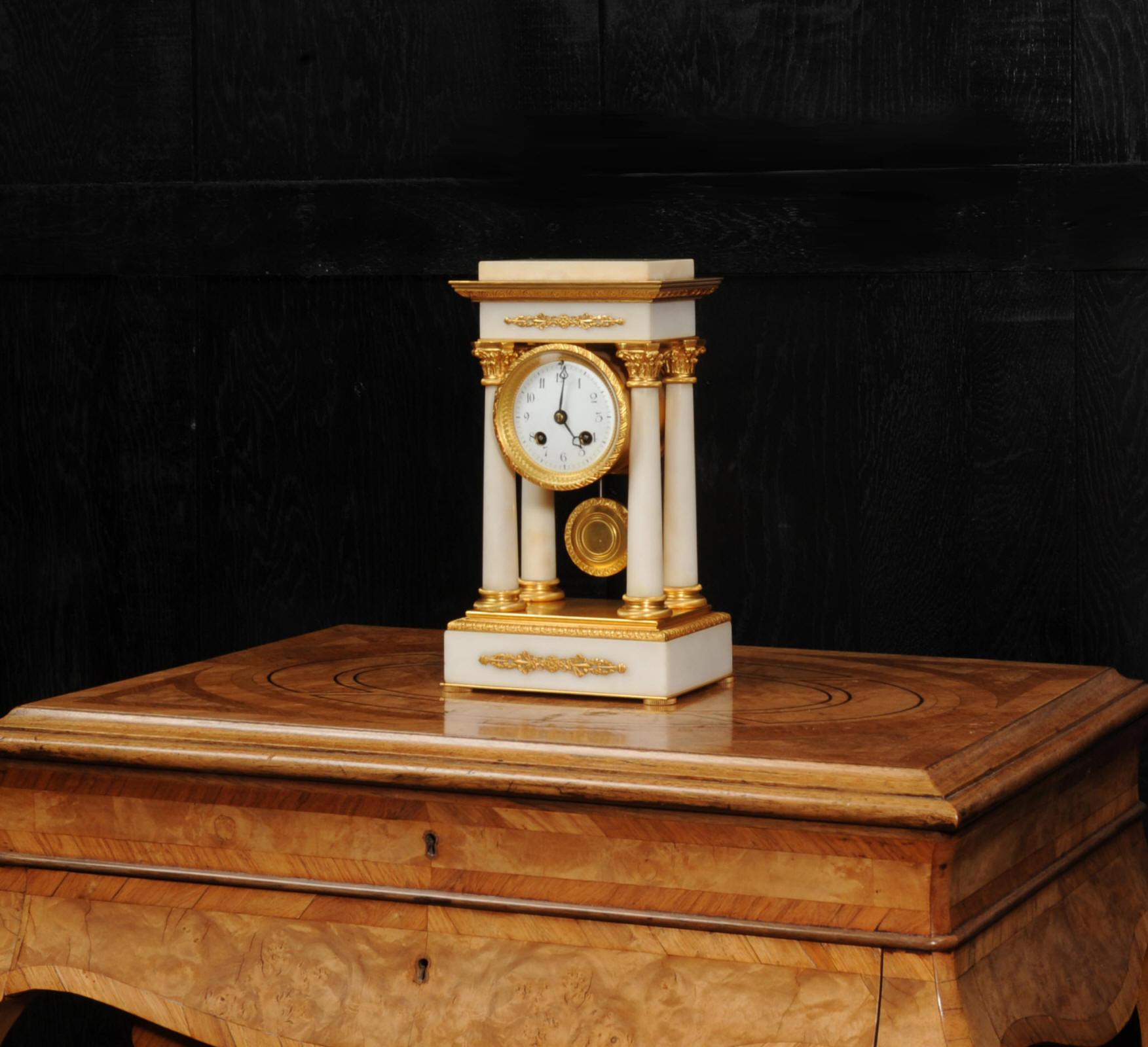 Antique French Ormolu and White Marble Portico Clock In Good Condition In Belper, Derbyshire