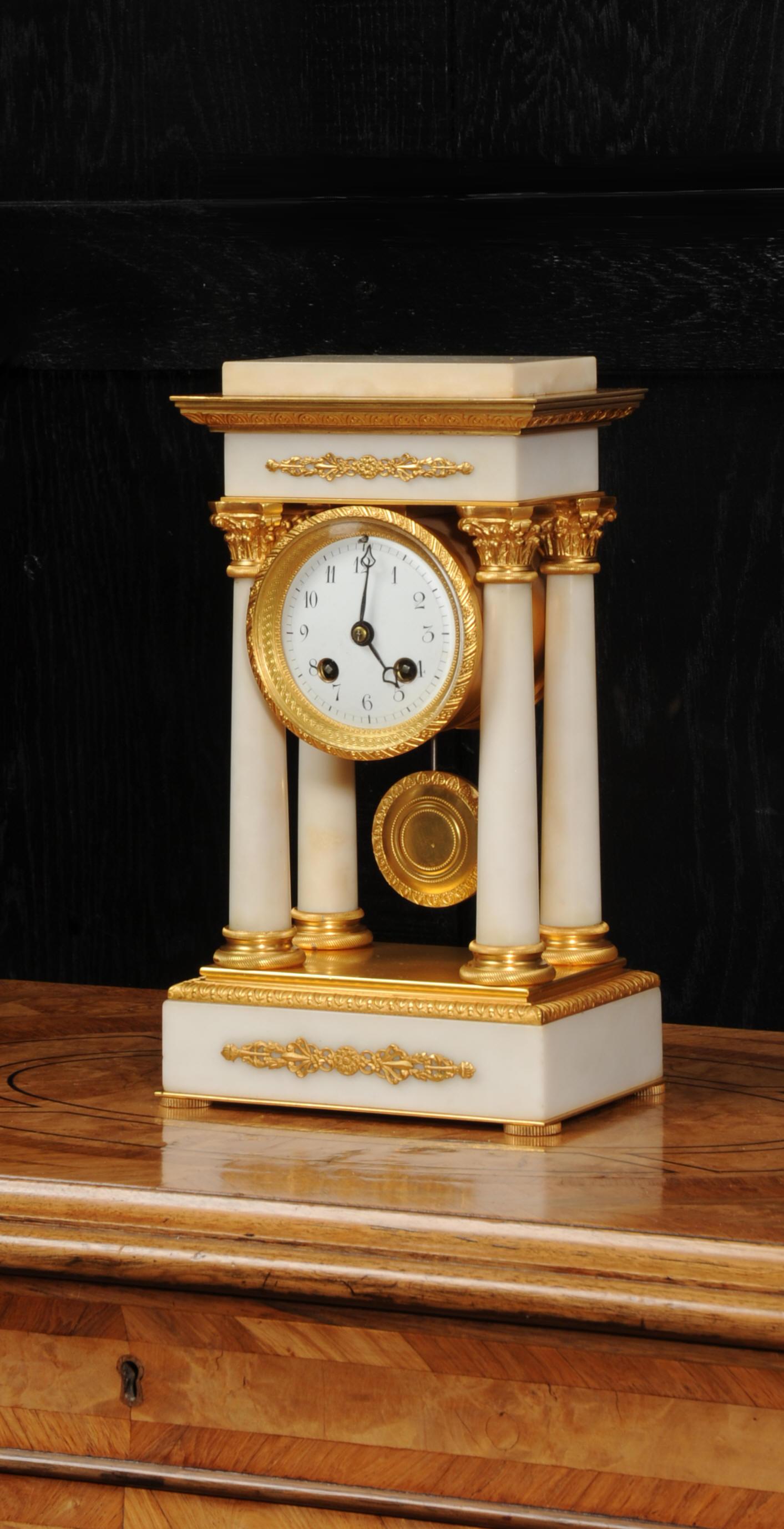 19th Century Antique French Ormolu and White Marble Portico Clock