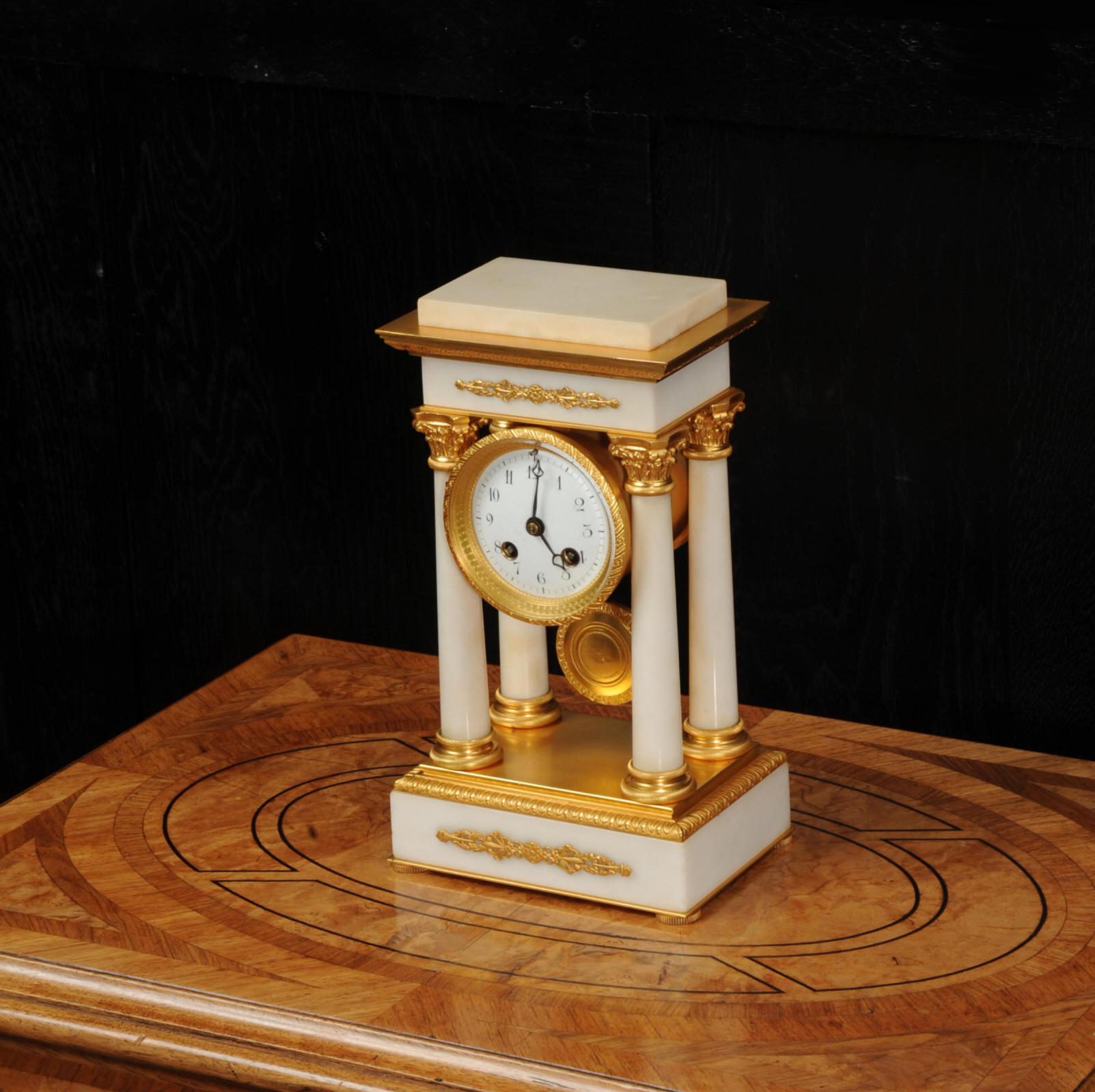 Antique French Ormolu and White Marble Portico Clock 1