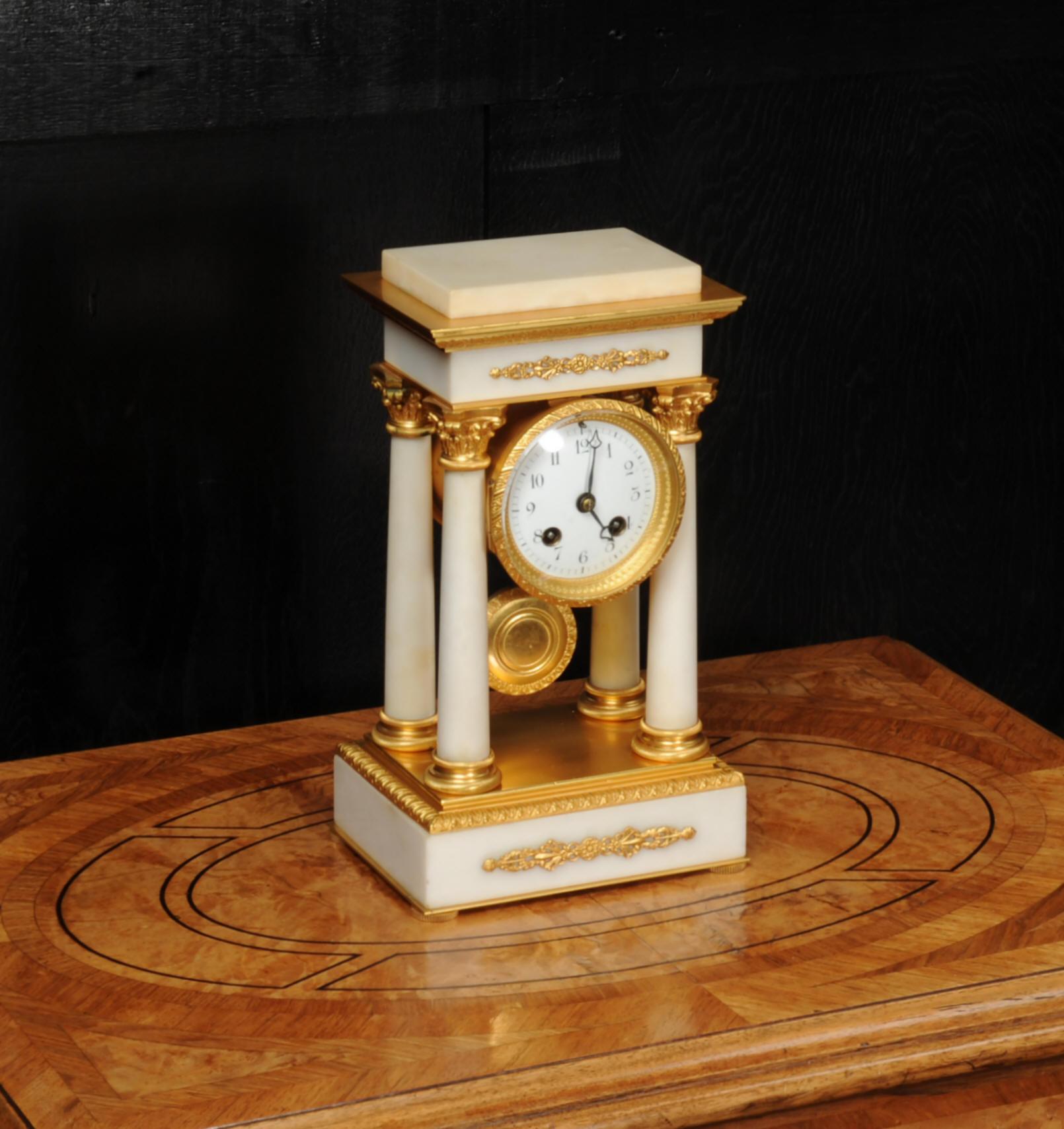 Antique French Ormolu and White Marble Portico Clock 2