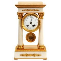 Antique French Ormolu and White Marble Portico Clock