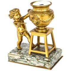 Encrier artistique à chérubin en bronze doré, 19e siècle