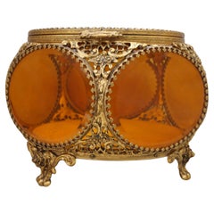 Antique French Ormolu Beveled Amber Glass Jewelry Casket Dresser Box
