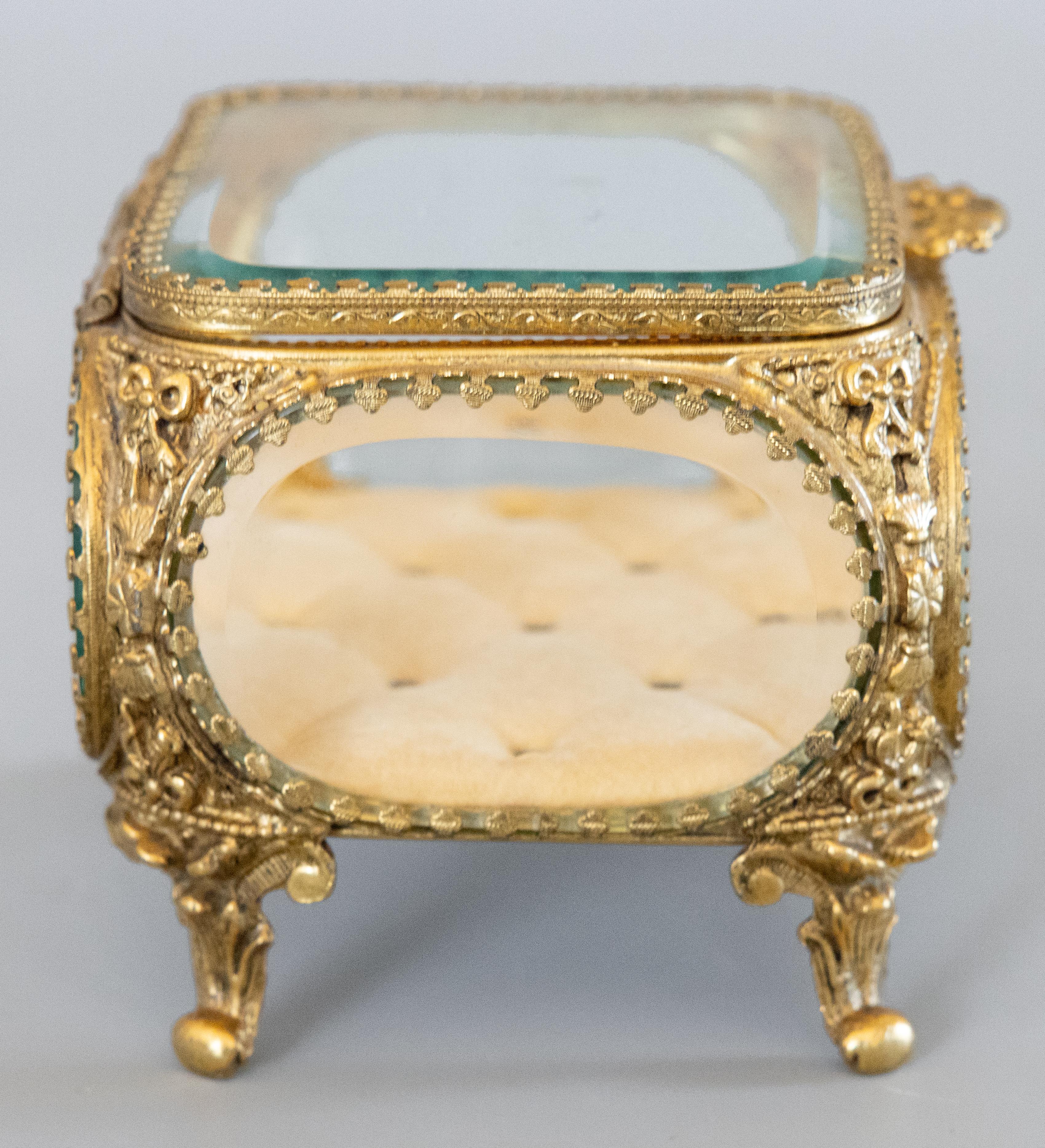 Art Nouveau Antique French Ormolu Beveled Glass Jewelry Trinket Box
