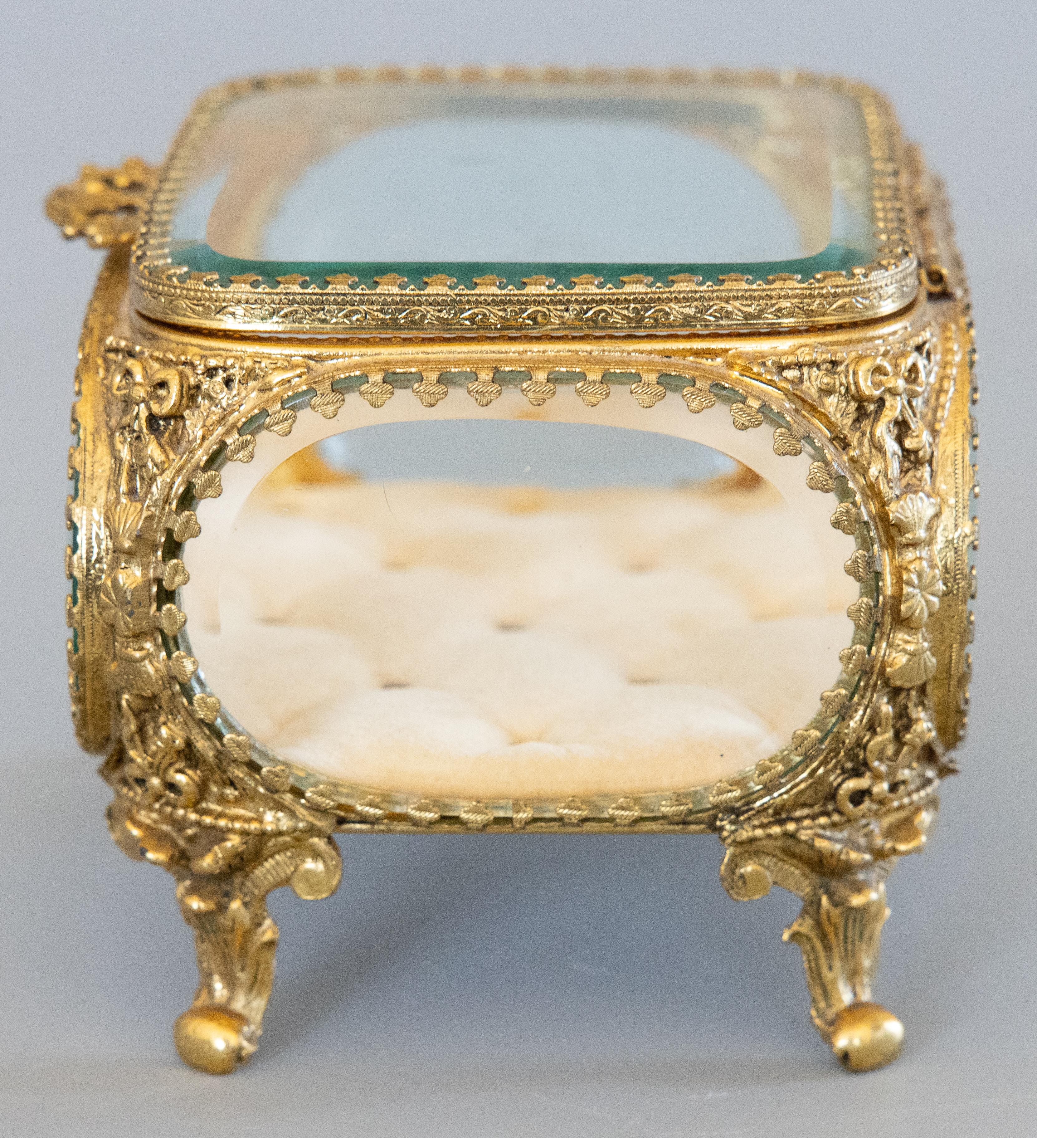 20th Century Antique French Ormolu Beveled Glass Jewelry Trinket Box