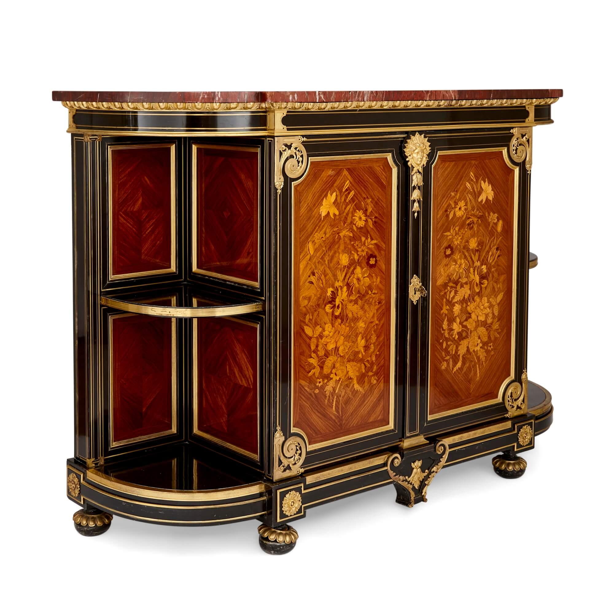 Antique French ormolu, brass and marquetry ebonised wood sideboard
French, c. 1870
Height 110cm, width 154cm, depth 49cm

Manufactured in France around 1870, this sideboard is wonderfully decorated using a wide array of complex techniques. 

The