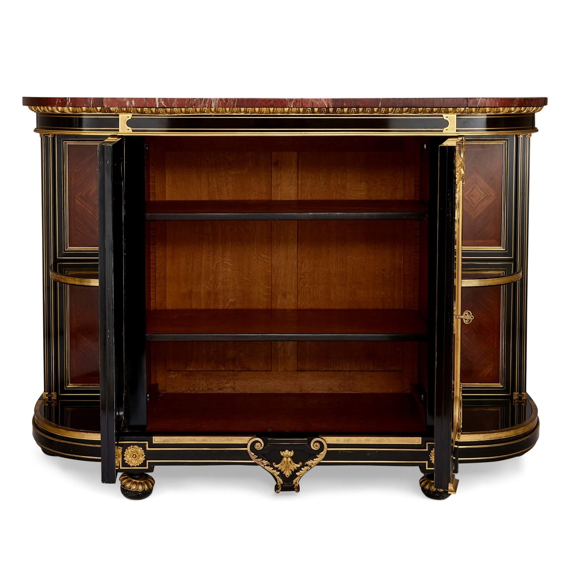 Neoclassical Antique French Ormolu, Brass and Marquetry Ebonised Wood Sideboard For Sale