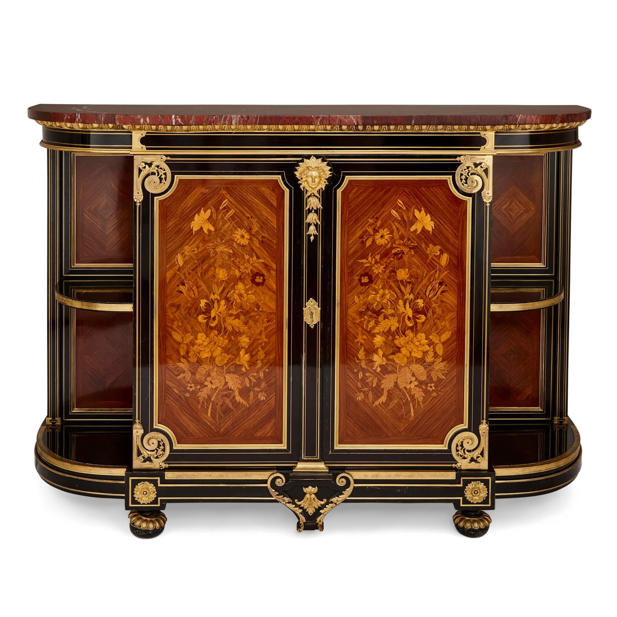 Hand-Crafted Antique French Ormolu, Brass and Marquetry Ebonised Wood Sideboard For Sale